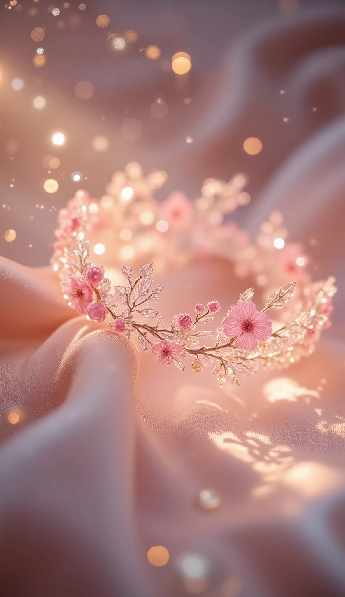 A glass flower crown made of tiny pink blossoms and crystal vines, lying on a glowing satin cloth, surrounded by floating sparkles, light flares, and shimmering decorative elements, soft fairytale style with high density