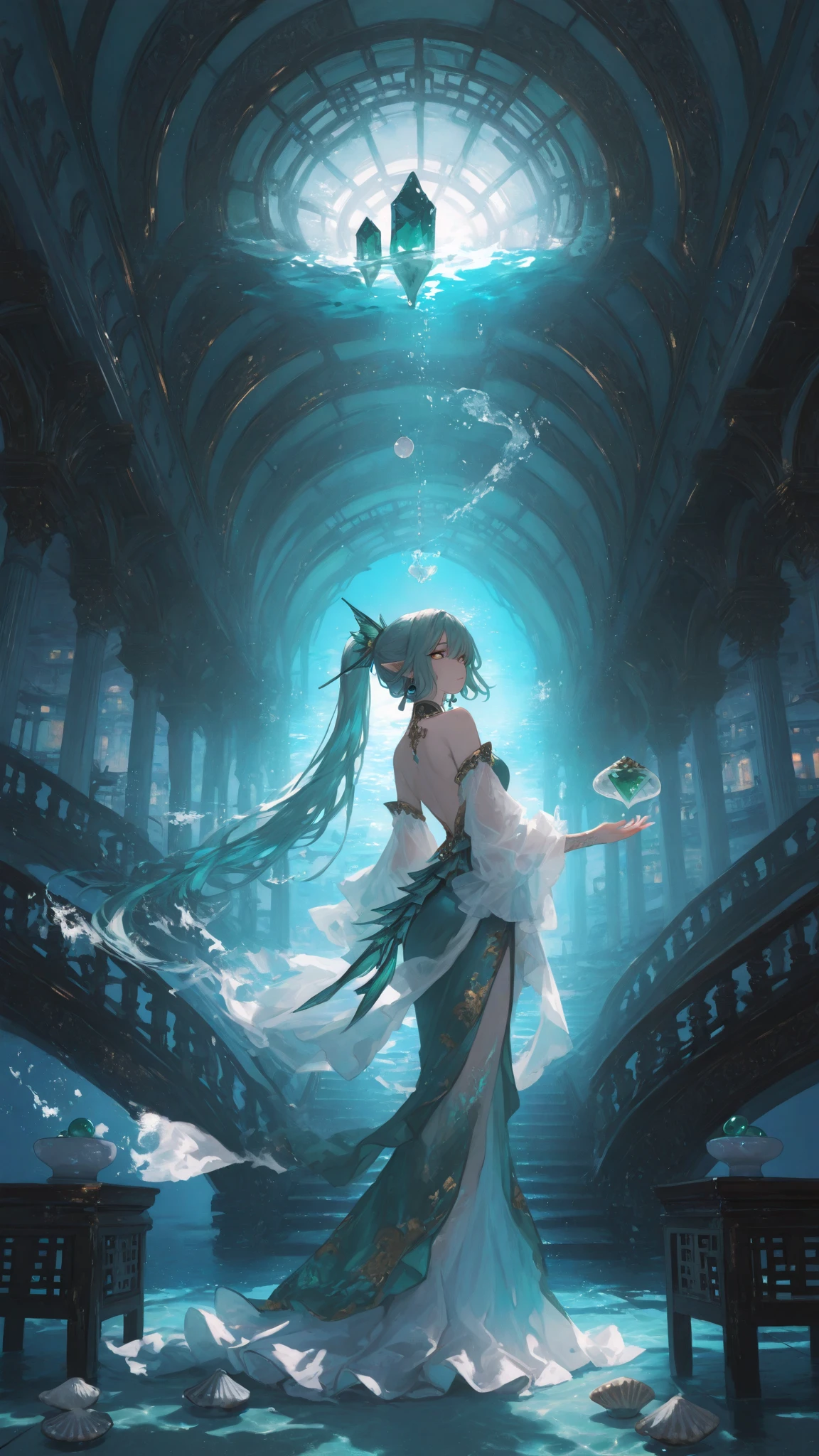 1 girl ,sitting ,(looking up), cinematic lighting , cinematic angle , ((submerged temple )), rain,((masterpiece)), ((best quality)), ((ultra-detailed)), (illustration), ((an extremely delicate and beautiful))
