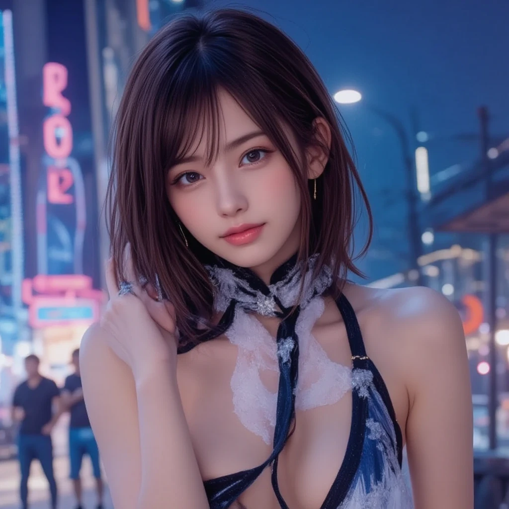 ((Rooftop of a building: 1,3)), ((Goth_punk, alone, Medium Shot, Walking the rooftops of Harajuku, ((night)), Blurry, Neon Light, Rainbow Eyes, Starry Sky, Shiny black hair, White eyebrows, Shiny Hair, (Rainbow black hair), Earring, good, jewelry, Blunt bangs, Busy eyes, Background Blurry, Blurry, hair ornaments, sight, short hair, Portraiture, Side Lock break ((Swedish girl, White skin, White)),((Women's work suits:1.3)), break (Gal: 1. 1),(Glamour: 1. 3),(night),(Supermodel: 1.3)),break ((earring, ring)), Cowboy Shot,((Tall people)),((Android)),((Look Up)),((Top Angle:1. 3)), From above, looking at the camera,((Event Companion)),((Thin see -through)) Tight-fitting ????????? with straps))、Hip、????、bend、