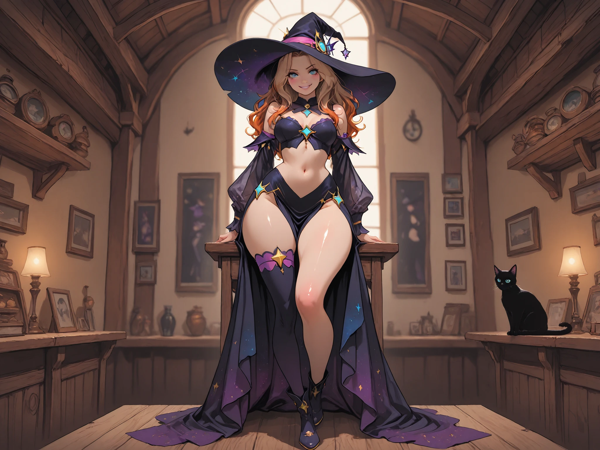 (cutesexyrobutts:0.8), (score_10, score_9_up, score_9, score_8_up, score_7_up, score_6, score_5, score_4, source_anime), (digital painting), (fine line work), (best quality), (extremely detailed), (highest quality), (intricate linework), (intricate details), more detail XL, 

(bewitching neeko), ??????????????, (cat eyes:1.1, green eyes, slit pupils), (orange hair:1.1), cat tail, cat eart

(witch hat, witch costume, black gloves), (unzipped, deep cleavage:1.0), detailed background, library background, sensual pose sitting on the reading table, look at the camera, ???? look