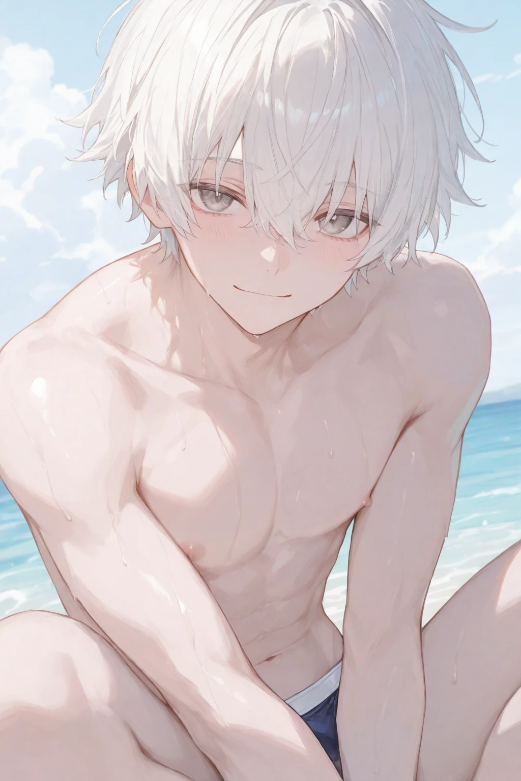 cute boy 12 years old, thin , very embarrassed, ????? shirtless,  masterpiece with white hair and blue eyes in short white tight swimming trunks, released uncensored, clear contours, slim stomach, leans on the table, thin, Makoto Shinkai style, view from the back