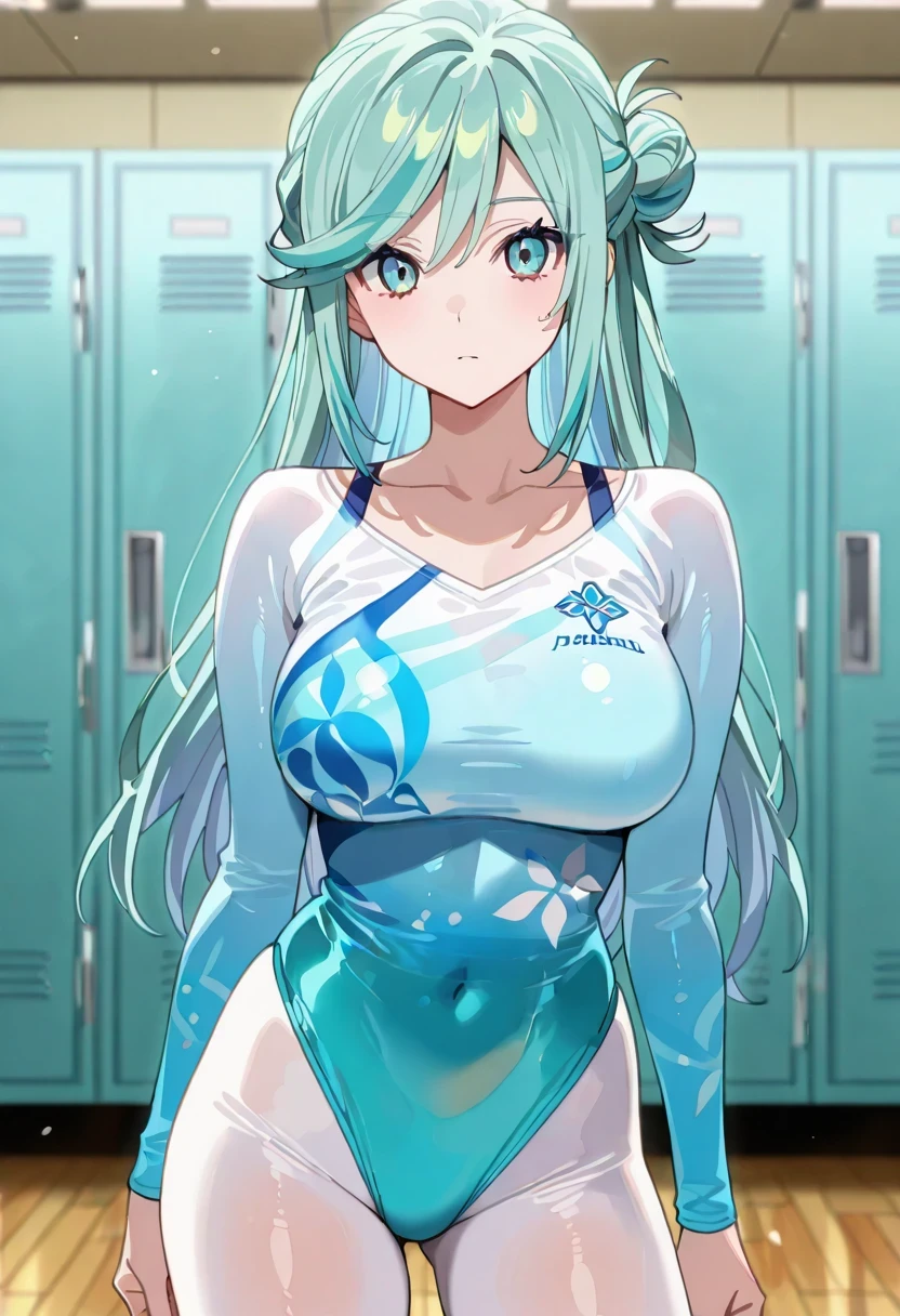 傑作、best quality、best resolution、best image quality、amazing quality、 very aesthetic、 absurdres、anime coloring、anime screencap、anime screenshot、<lora:PokeBoyGrushaXL_Exotica:0.8>、1woman、solo、long hair、aqua eyes、ice blue hair、ice green hair、aqua hair、multicolored hair、single hair bun、eyelashes、half up hair、big breasts、very large breasts、large boobs、collarbone、ice blue leotard、gymnastics leotard、simple leotard、 basic leotard、athletic leotard、training leotard、plain leotard、no underwear、skin tone pantyhose、The collar of the leotard is a U neck、really、anime beautiful female、anime cool female、The leotard has long sleeves、The lower half of the leotard is high leg cut、tight leotard、tight-fit leotard、athlete leotard、thin、slender body、flexible body、pantyhose with an skin tone、slim、locker room、gymnastics athlete、toned body lady、standing、looking at viewer、cowboy shot、(female body:1.5)、