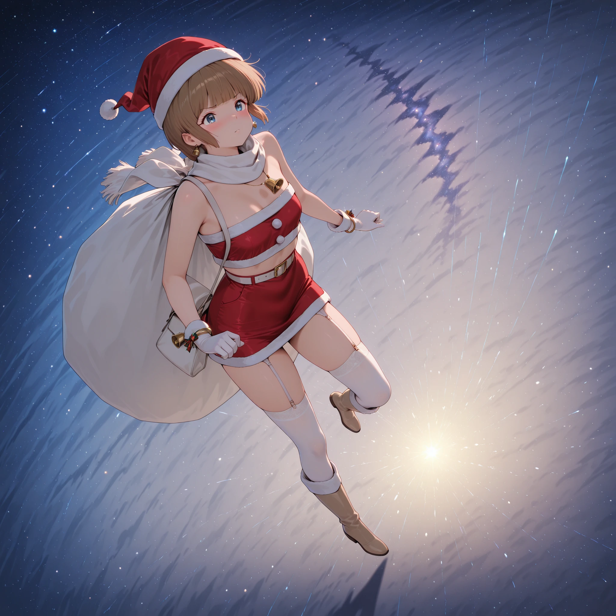 (hiyama hikaru),(1girl),brown hair,small breasts,no panty,blush,punting face,white shoulder bag,gold bell earrings,gold bell necklace, gold bell bracelet,white belt with a gold buckle, beige knee high boots,White thigh high socks,white garter belt,Red santa dress with a white fur trim, tube top,crop top,micro mini skirt,slit,santa cap,she is flying,she has Santa's sack,white scarf,red down coat,white gloves,{{masterpiece}}, {{{Highest Quality}}}, {{Super Detailed}}, {{illustration}},Subdued color,full body shot,in universe,galaxy,stars,dynamic motion,view from above