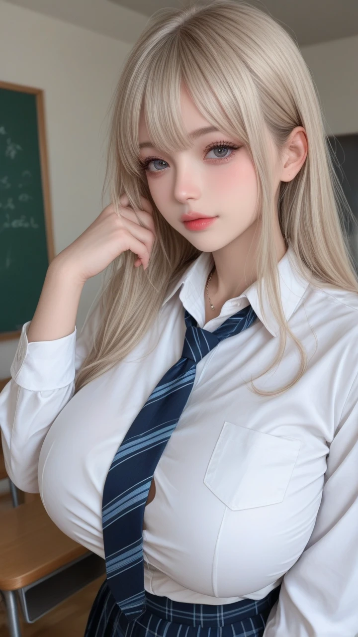 Hot girl, white hair, green eyes, black school clothes, sexy pose