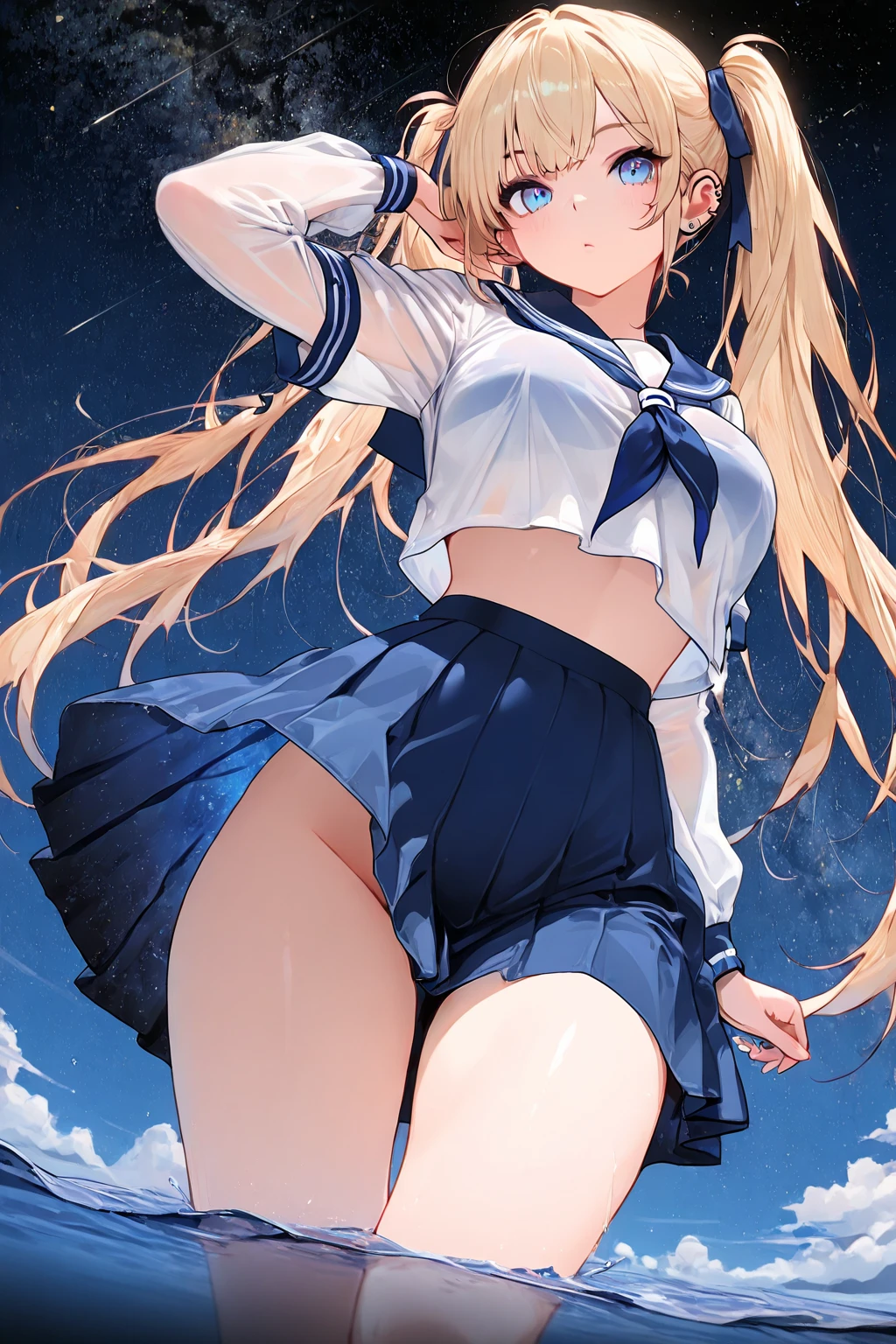 1 girl, light smile, shiny skin, highest quality, table top, (game CG:1.4), ????, detailed beautiful face and eyes,???????????、small area see-through lingerie, sailor venus, I could feel the fight, Severe, cowboy shot、big and full ???????、full moon night、beautiful starry sky、((highest quality)), (Super detailed), very detailed, High resolution raw color photos, professional photography, ((beautiful ???????????)), wonderful face and eyes, (see through panties:1.2)、、big ???、looked back、Close up of ????????、from below