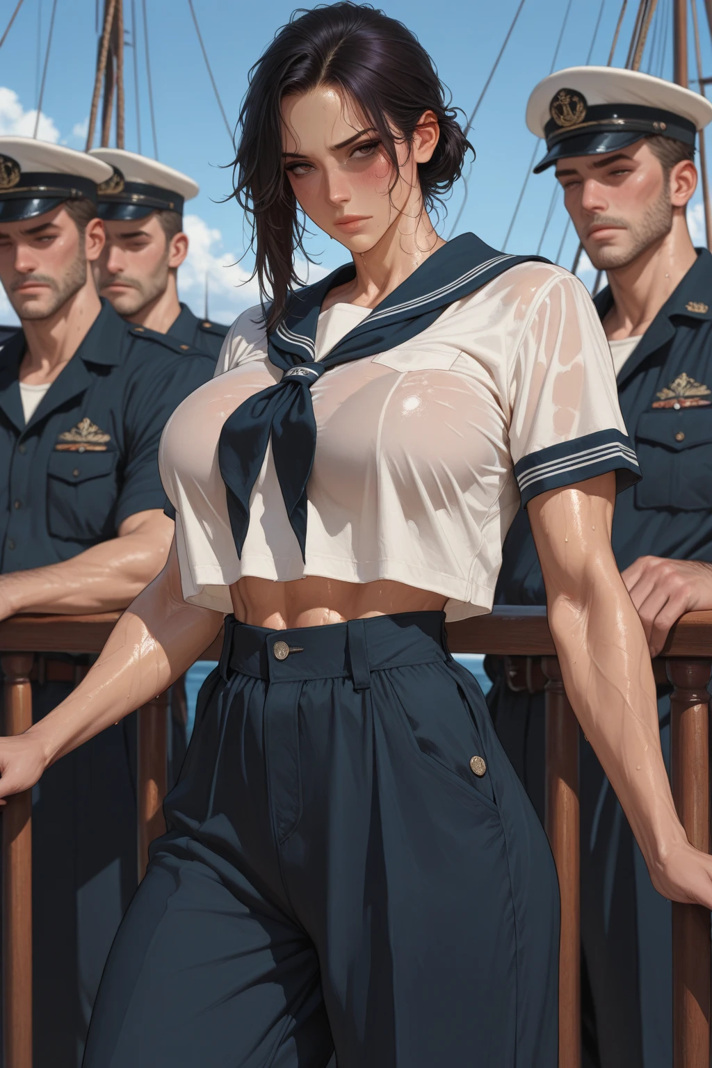 1female，45 yers old，Married Woman，熟妇，mature，plumw，extremely large ，Big breasts Thin waist，long leges， 独奏，（Background with：warships，choppy，the sea，Planes） She has short black hair，bobo head，，seen from the front， Standing on the deck of an aircraft carrier， mostly cloudy sky，（（（tmasterpiece），（Very detailed CG unity 8K wallpaper），best qualtiy，cinmatic lighting，detailed back ground，beatiful detailed eyes，Bright pupils，Black eyes，Snow-whiteskin，Redlip（Very fine and beautiful），（Beautiful and detailed eye description），ultra - detailed，tmasterpiece，））facing at camera，A high resolution，ultra - detailed），revealing breasts， ，  Bulge，legs are open，Raised sexy，Camel toes，Flushed complexion，Desire for dissatisfaction，frontage，elementary student（Wearing：military hat，sailor uniformm，校服）