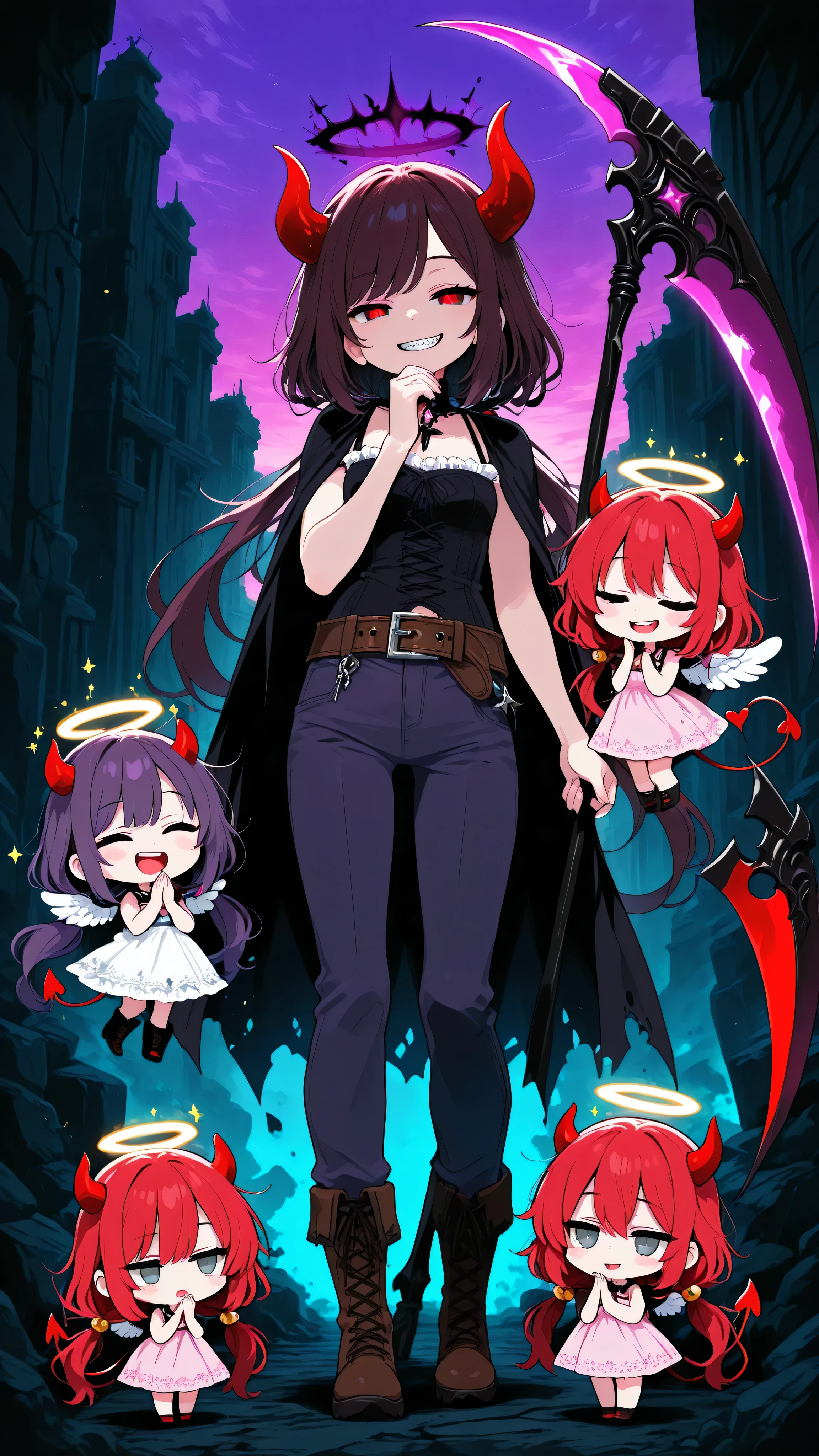 dusk, purple sky, few stars, ruined skyscrapers, 3girls, first girl looks like this: detailed face, looking up, purple hair, low twin tails, swept bangs, long hair, gray eyes, blank eyes, hand under chin, strapless purple shirt, tattered black cloak, holding black scythe, scythe glowing with dark purple aura, with brace on teeth the second girl looks like this: chibi, she floats above the first girl's left shoulder, red hair, messy hair, low ponytail, red eyes, red horns, red demon wings, red demon tail, she grabs the first girl's hair and points ahead, she looks mischievous, dark black sleeveless vest with white trim, light gray sleeveless shirt, dark blue trousers, dark purple sword belt, sword scabbard, boots, the third girl looks like this: chibi, she floats above the first girl's right shoulder, brown hair, very long hair, closed eyes, praying, pink sundress, spaghetti strap, white frill trim, angel wings, light green wings, brown belt, brown boots, halo, masterpiece, ultra rendered anime, cute, ,
