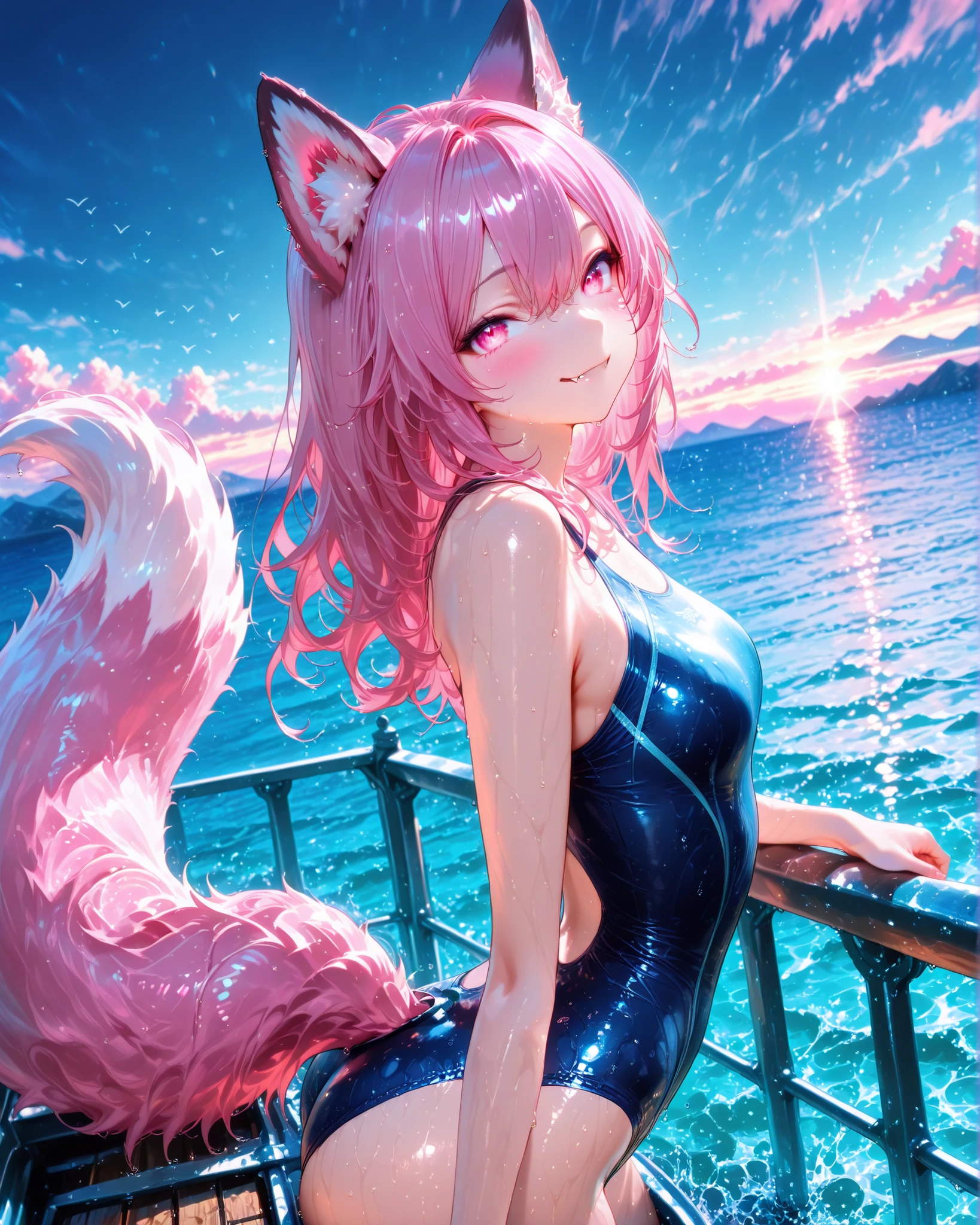 Side angle, (masterpiece, ultra-detailed, 4k, vibrant colors, dynamic scene), {Velvetine}: (a beautiful and attractive woman, long pink hair, pink eyes, fluffy pink fox ears and tail, wearing a tight blue swimsuit, leaning against the railing of a boat in the middle of a blue ocean, wet body, expression of happiness with a mischievous smile showing small fangs), in the background, mountains and a beautiful sky of a sunny and well-lit day