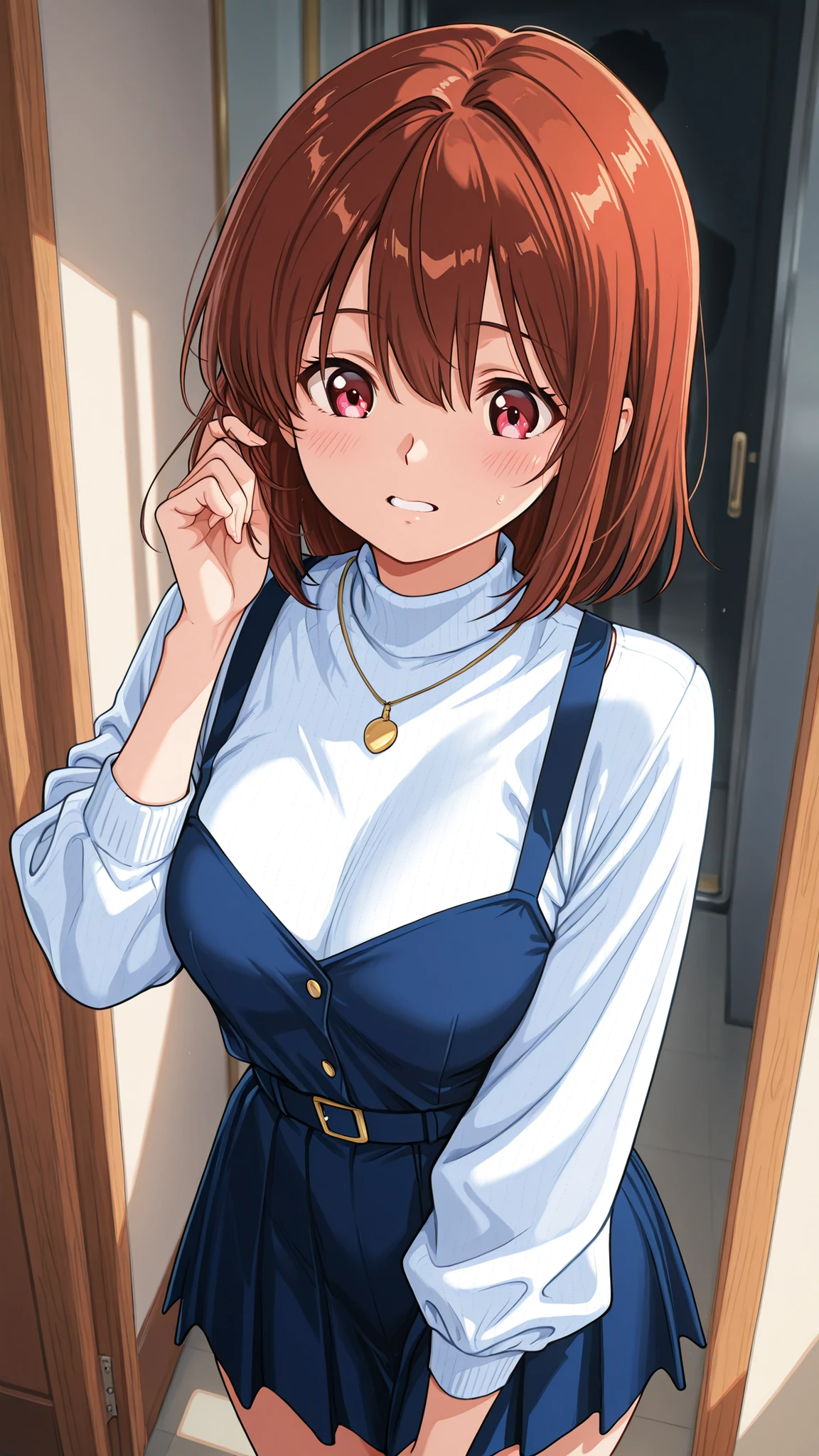 anime style,best image quality,Woman on a crowded train, male(silhouette)Woman caught ,(Brown,Long Hair,slender,Beige Tank Top(Thin shoulder straps,shoulder straps on one side are off:1.3,go )),中年 maleの手が背後から女性の胸(Putting Hands Inside Clothes)Grab:1.3,is anime-like and cute、from behind {x} light cream bra,Women have watery eyes ,tense scene,(behind her(Near the back of the head)angle looking down at the chest,Angle of View), pinch scene,Rape Scene。