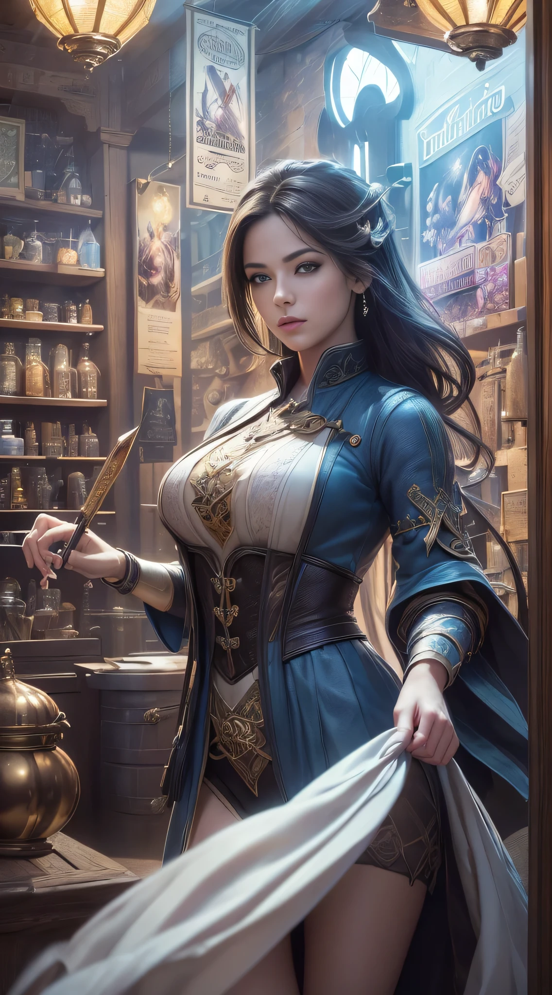 Ultra-high definition 8K resolution delivers 1.2-point photorealistic image quality, creating a timeless and elegant masterpiece. The scene (Wizard's shop selling dreams, filled with dream posters hanging inside, magic shop, mysterious world, mysterious atmosphere, :1.4) features a beautiful female wizard and numerous customers in the fake shop. The dreamlike setting captures the essence of dreams and creates an enchanting backdrop. Photocinematic techniques bring every detail to life in ultra-realistic detail, creating a breathtaking visual experience.