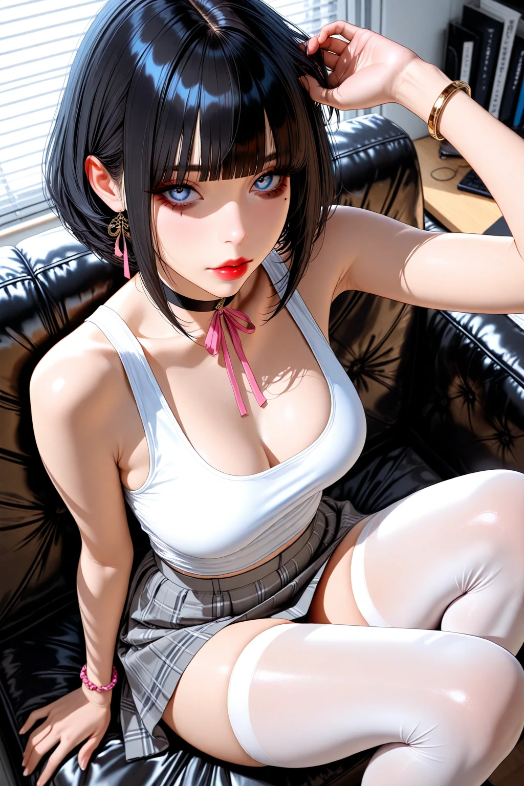 1girll, 独奏, White polo shirt, White sneakers, tennis wear, white , tmasterpiece, Best quality at best, realisticlying, ultra - detailed, (shiny skins, perspired:1.4), absurderes, looking at viewert, with short black hair, with brown eye,slenderness,opening legs，Dynamic light and shadow,A high resolution,Sharp focus,depth of fields,The eyes are delicate,Sharp pupils,pupil realistic,(smallunderboob:1.6),(Thigh thick:1.0),exteriors,Skysky