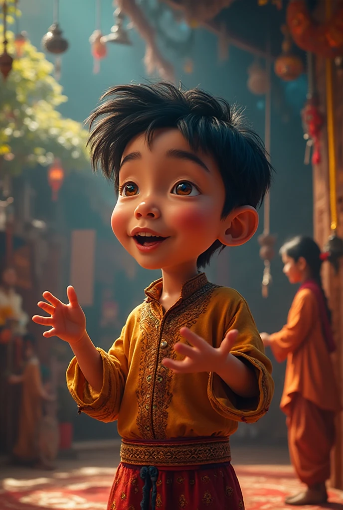 A small child making an idol of Bholenath in the middle of the market"3d"