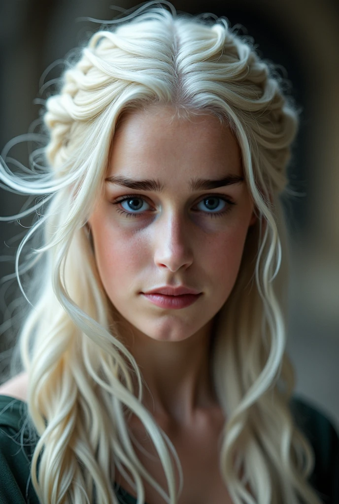 um jovem adolescente. She is short and very pretty, com cabelo loiro platinado e olhos violetas, comum aos membros da Casa Targaryen. in his childhood, Dany was a shy and docile girl, with low confidence and self-esteem. [I want a close-up where only half of her face appears in the photo, I want a photo with a high level of detail, Concentre-se nos olhos, Eu quero vida nos olhos dela