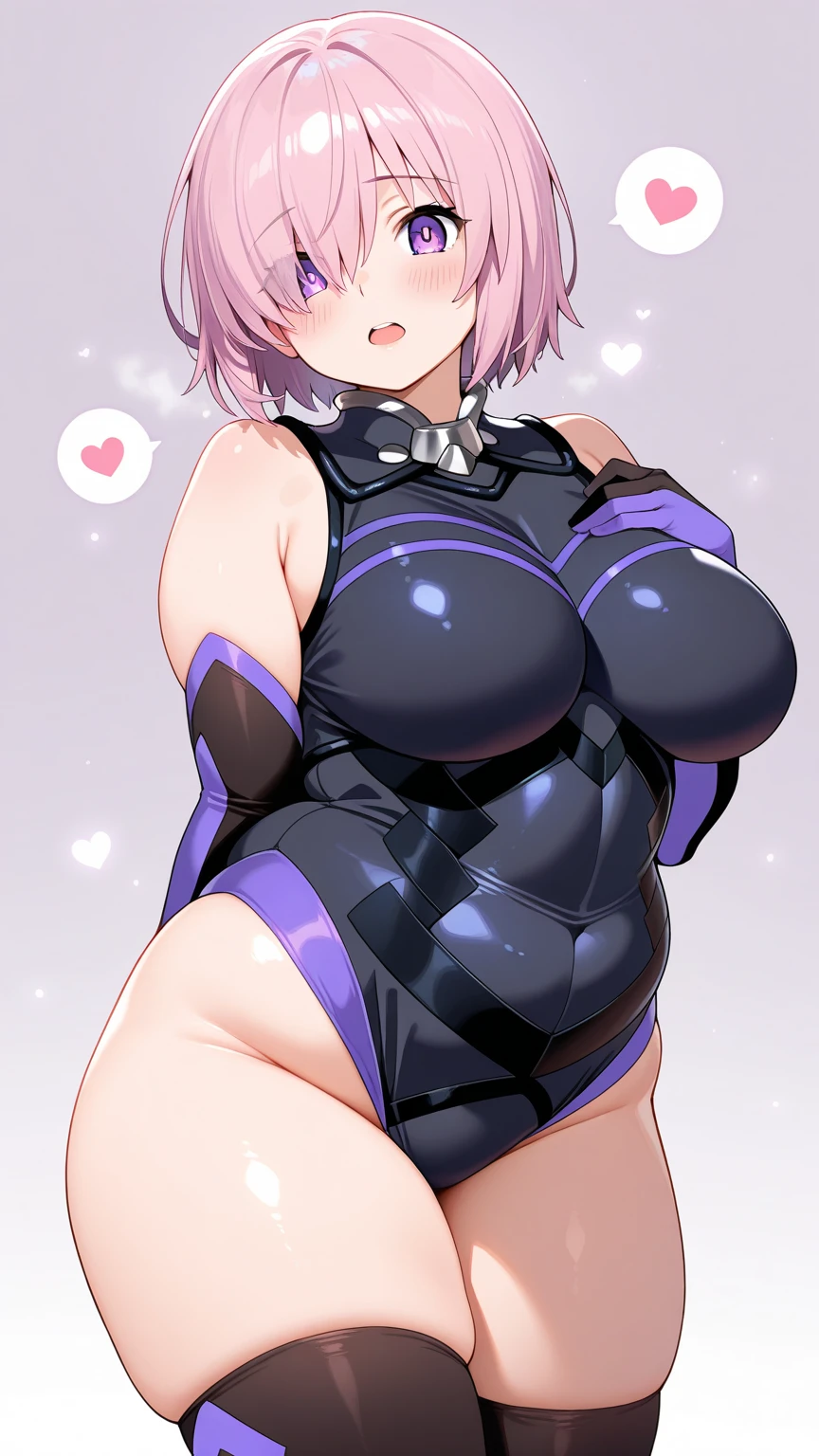 Alluring expression、playboy bunny、fishnet tights、Ultra-detailed illustrations、Ultra-precise expression、masterpiece、Highest quality、ultra High resolution、High resolution、Hiromitsu Takeda Style、White background、Simple Background、One girl、solo、Mash Kyrielight、light purple hair、short hair、shair over one eyes、Purple eyes、Open your mouth、Large Breasts、Big Breasts、Erect nipples、Choker of Hearts、White Breath、Sweat、Glowing Skin、shiny skin、Front angle、View your viewers、stand、