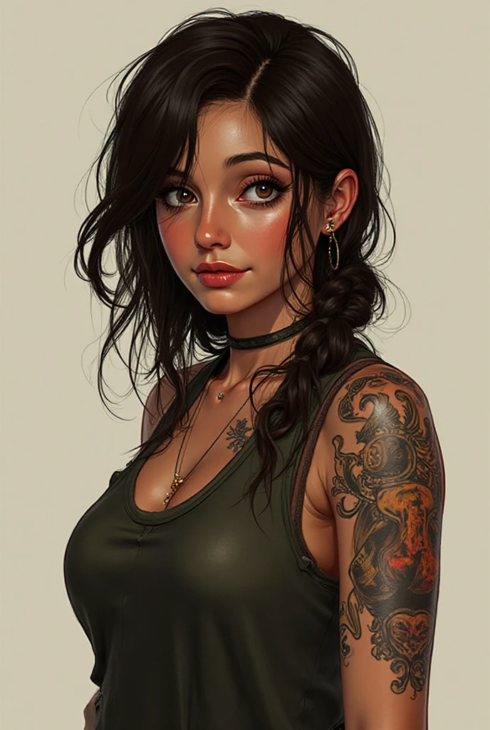 A portrait, Of red-haired young women, half- tattoos, with tattoos on the back and braids, wearing a vaporous dress, gray background and overhead light, Dramatic lighting.