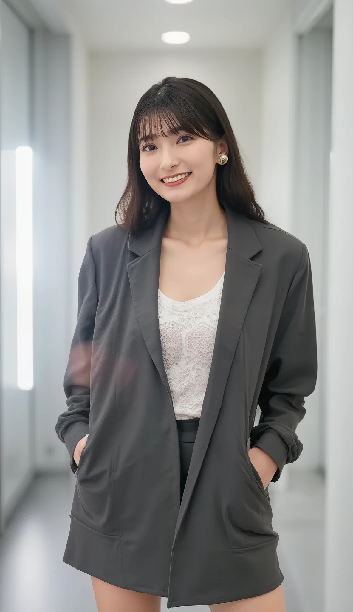 Relaxed atmosphere。Standing with materials in an office full of people。is wearing a suit。I can see the transparent red lace bra and  between the miniskirts。Beautiful Cleavage。A Woman Smiles Embarrassingly、the face looks bright and elegant。The hair is close to black、bangs and long gentle waves。Light Brown Eye。 background is office room  、portrait-style soft blur and shallow depth of field wearing a transparent white lace bra and thong。Realistic high resolution、real style。