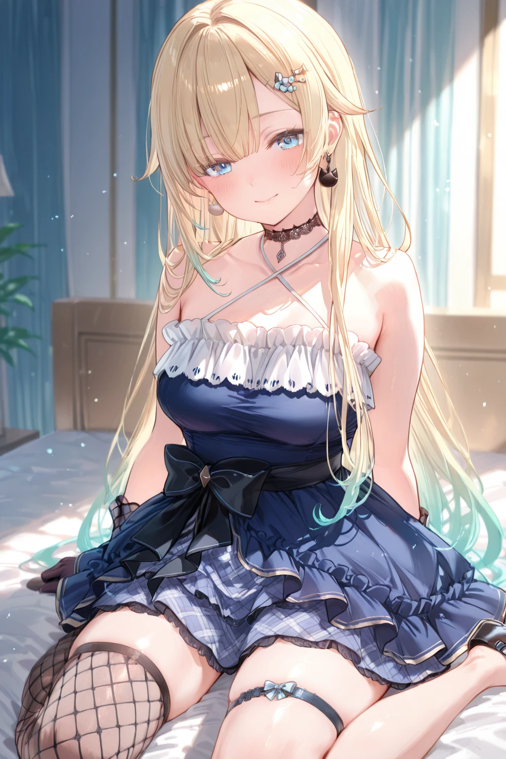 High quality,Ultra detailed,best quality,insanely detailed,beautiful,perfect lighting,masterpiece,absurdres,very aesthetic,sensitive BREAK
EmaDefault, 1girl, solo, long hair, hair ornament, cat earrings, choker, strapless layered dress, criss-cross halter,waist bow, gloves, single fishnet thighhigh, thigh strap,
indoors, looking at viewer, smile,bedroom, on bed, sitting, window, sky,  tousaka asagi
<lora:Aizawa_Ema_IL_1.1:0.85>