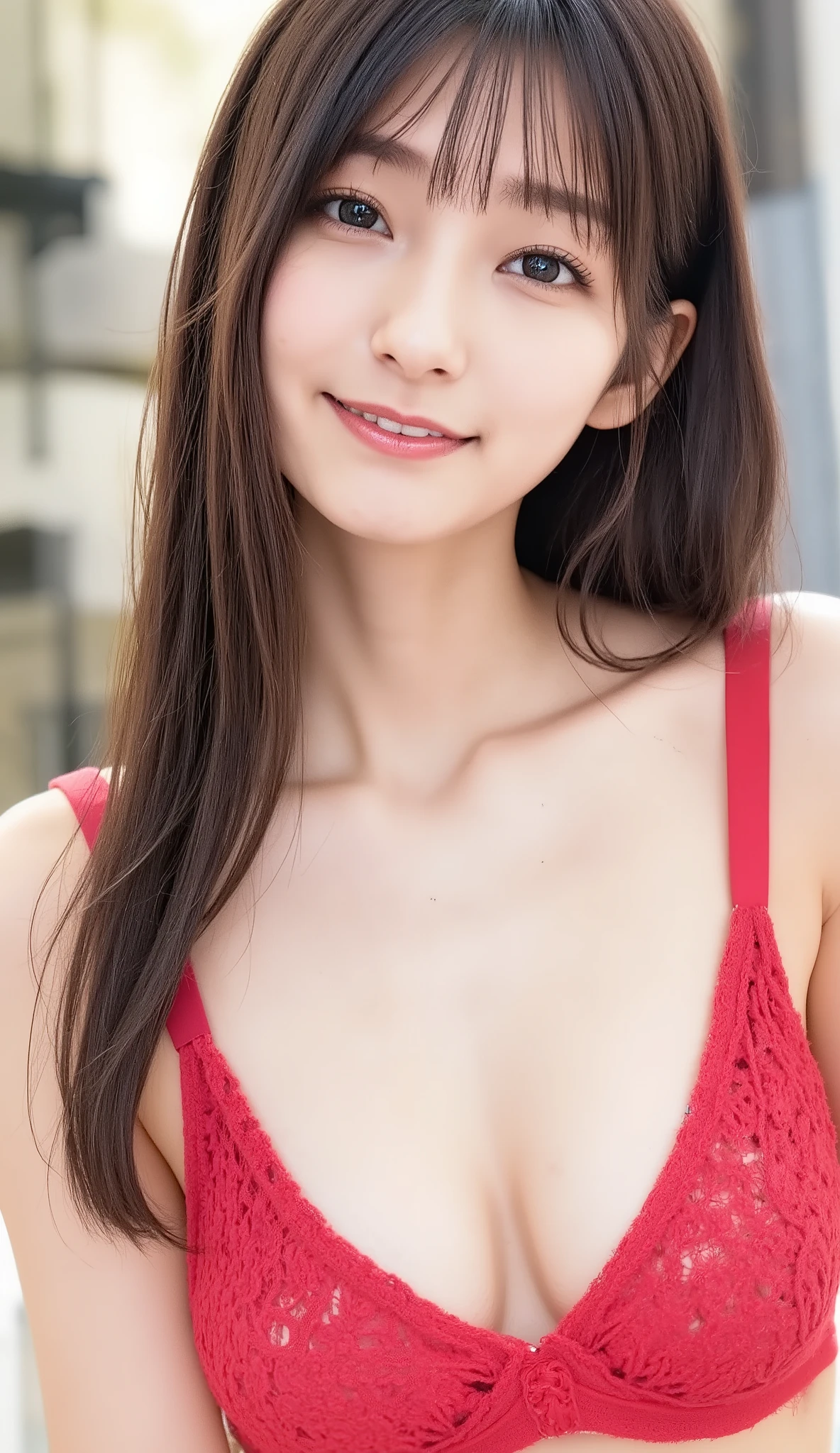 neat-girl,Relaxed atmosphere。standing in the living room。I'm wearing a transparent red lace bra and thong。Beautiful Cleavage。A Woman Smiles Embarrassingly、the face looks bright and elegant。The hair is close to black、bangs and long gentle waves。Light Brown Eye。 living room background 、portrait-style soft blur and shallow depth of field wearing a transparent white lace bra and thong。Realistic high resolution、real style。