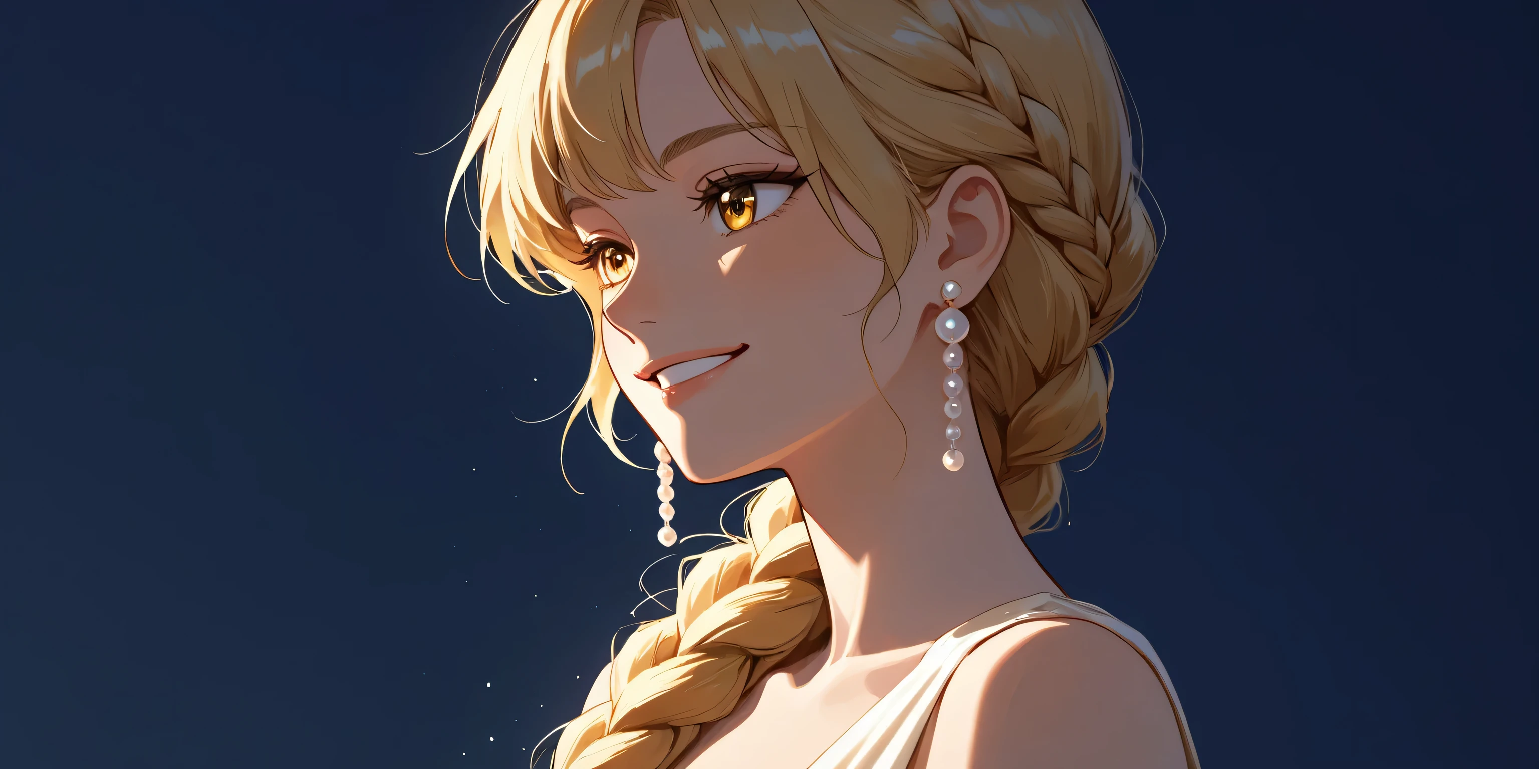 Anime girl with blonde braided hair with bangs, golden eyes, smiling, wearing a light elegant dress and pearl earrings, warm soft lighting with gentle shadows, dark navy blue background, clean and polished art style.