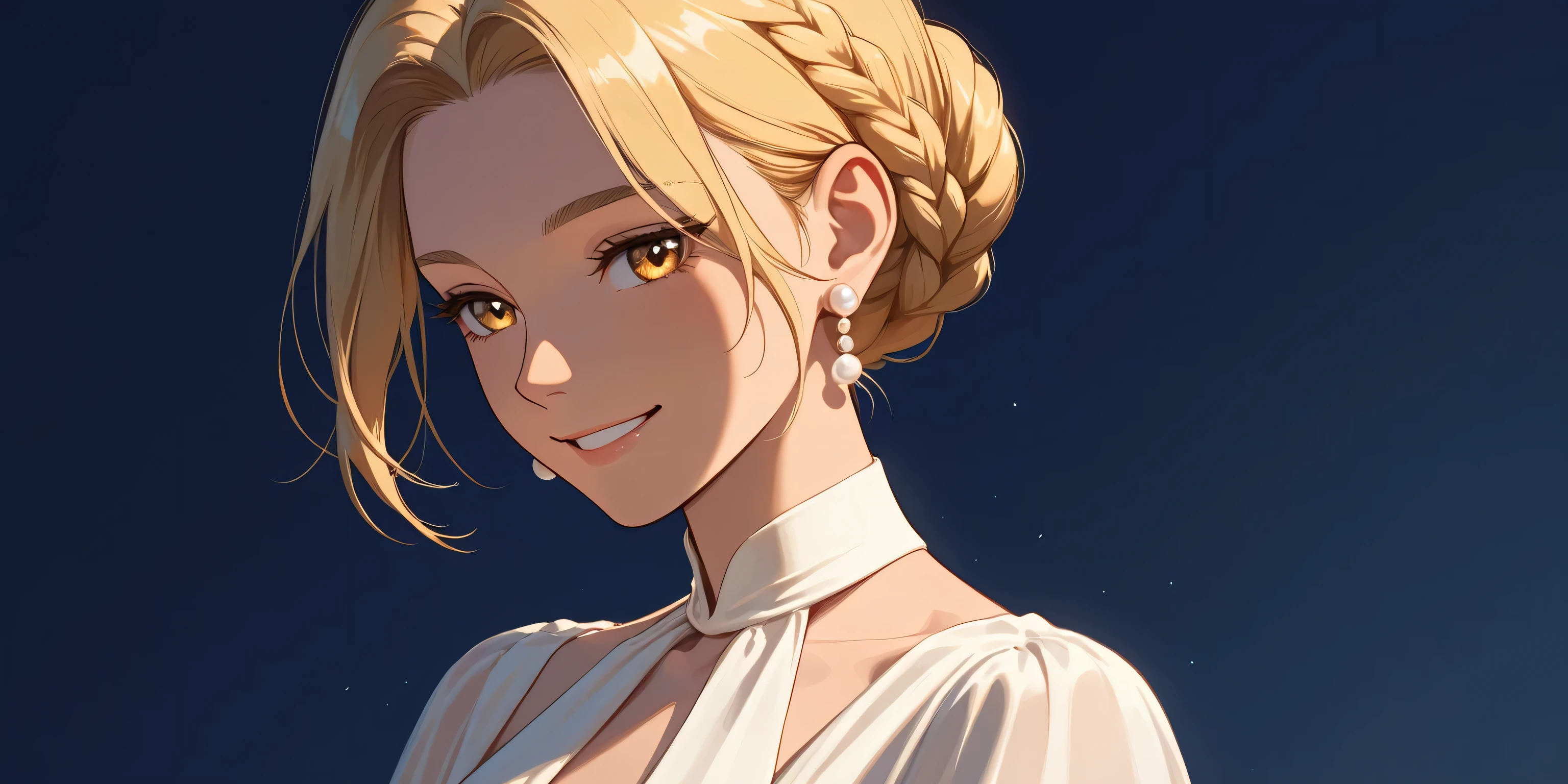 Anime girl with blonde braided hair with bangs, golden eyes, smiling, wearing a light elegant dress and pearl earrings, warm soft lighting with gentle shadows, dark navy blue background, clean and polished art style.