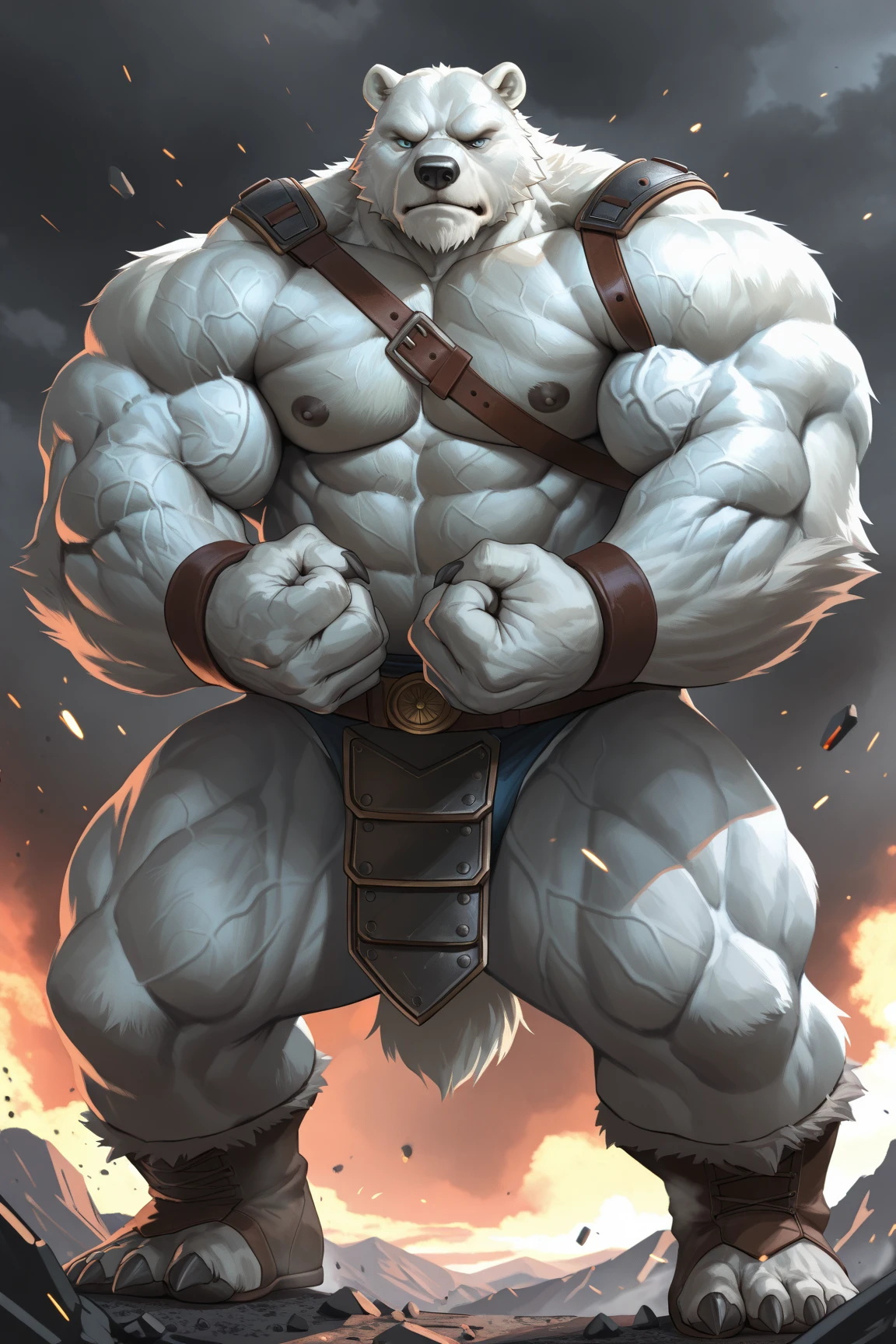 muscular wolf posing for the camera, wearing . 4k, high resolution, best quality, perfect colors, perfect shadows, perfect lighting, posted on e621, anthro body, wolf, (solo:1.1), male, matured, adult, very masculine, (very muscular, very buff, strong biceps, muscular legs, thick legs, calves, strong legs, heavyweight, thick build:1.5), (pectorals, large pecs, strong :1.4), correct , (photorealistic fur, detailed fur, epic, masterpiece:1.2), (black background, no background:1.1), (snowing, blizzard:1.3), (by Taran Fiddler), (by echin:0.6), (detailed malamute eyes, detailed face:1.2), strong , (proud posture, strong posture:1.1), (shiny muscles:1.2), (full body, looking at camera:1.2), (detailed black :1.1), (tight , large belt, sturdy belt, belt on waist, detailed belt, detailed , bulge:1.2), (detailed big collar, thick collar, black collar:1.3), (black :1.5), dim lighting, gruff face, gruff design, (clenched fists:1.1), (legs spread:1.2, (flexing biceps:1.4), (big wolf feet:1.2), armpits, shouting, angry eyes, puffed 