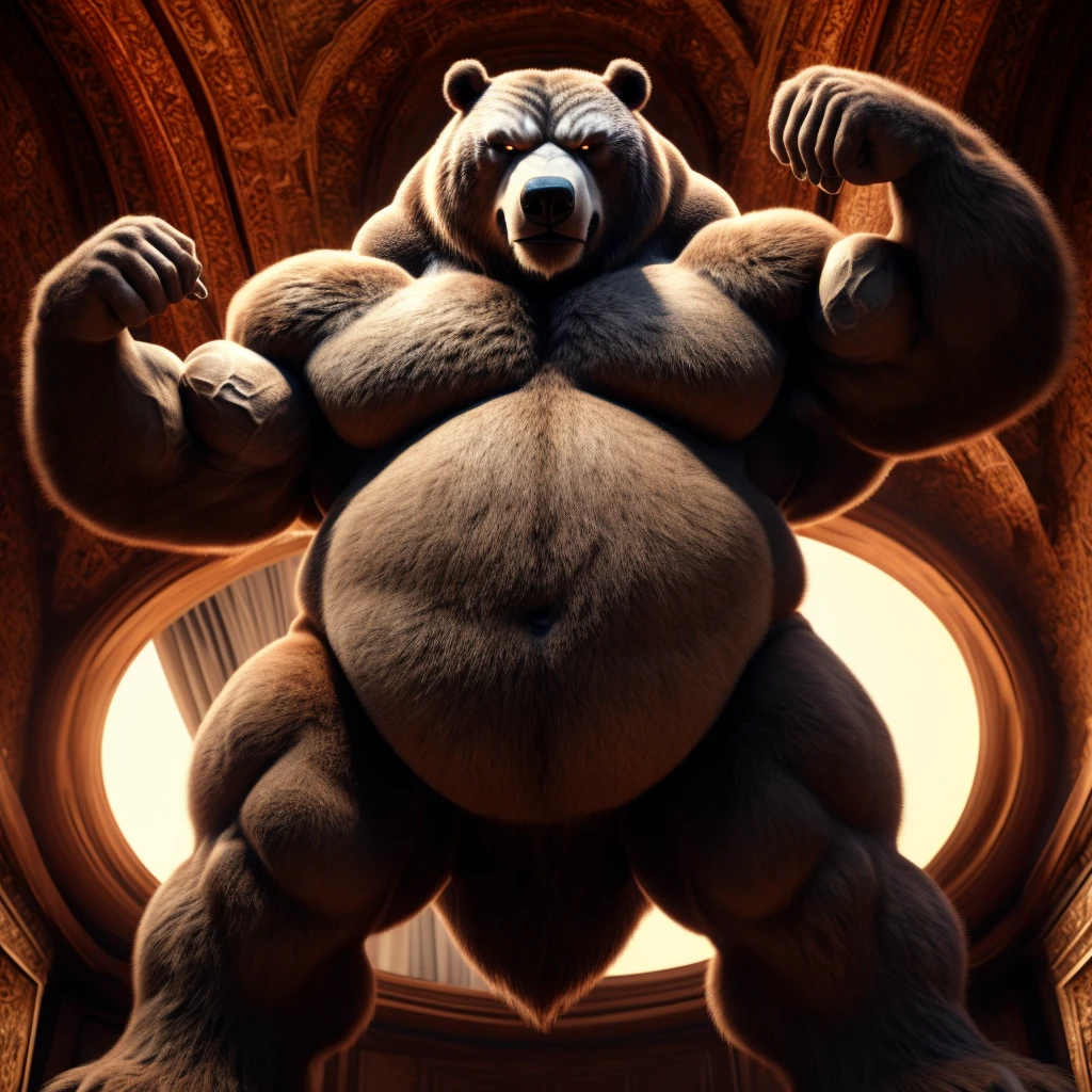 furry, fur taur, beartaur, middle-age, solo, detailed face, bear ears, bear eyes(brown), bear nose(black), bear mouth, garibaldi beard(white), mature hair(white), detailed arms, thick arms, muscular, thick hands(5 fingers), detailed body belly, thick body, muscle belly(brown), thick chest, chest hair(black), detailed taur body, thick taur body, thick bear paws, thick bear tail, full body shot, standing in the hotel lobby