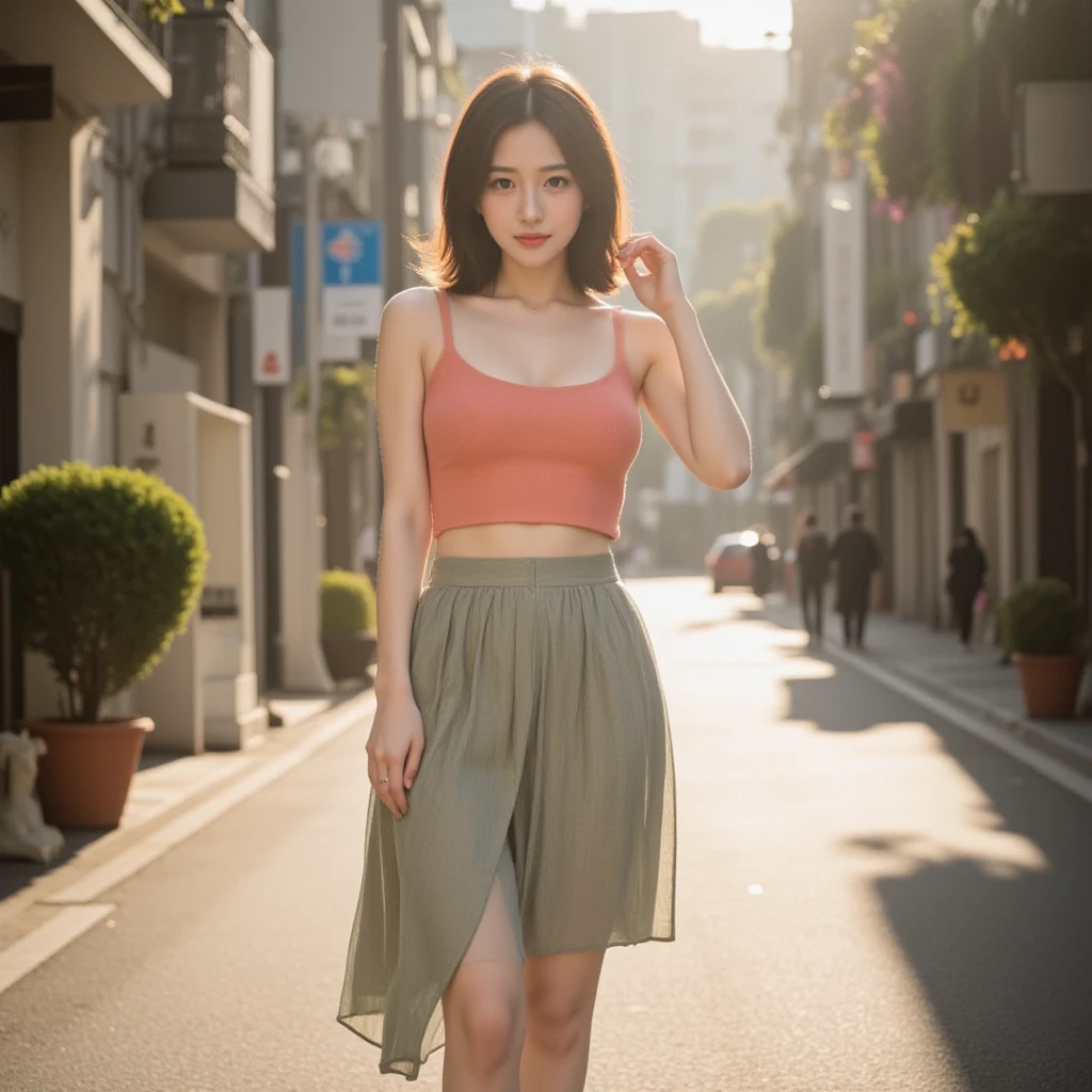1girl, egirl, korean, wavy hair, white top, pink sarong skirt, up to knees, outdoor, cute pose, glossy lips, full body, realistic, wonyounglorashy