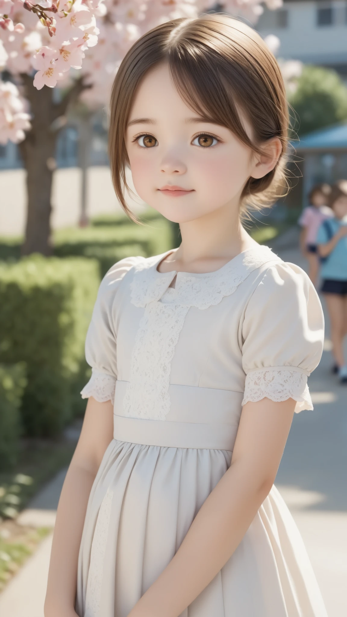 (((cute girl,  On, Elementary School Innocent ))),  upper body portrait, brown hair, Light Brown Eyes, cute dress, Blurry Background