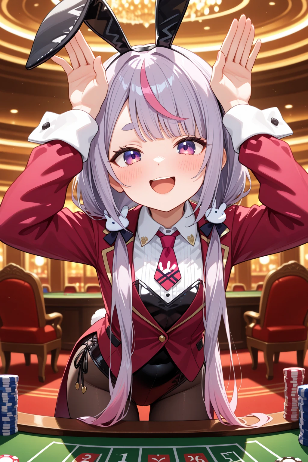 beautiful, (masterpiece:1.2), (Highest quality:1.2), Perfect Eyes, Perfect Face, Perfect lighting,One girl, Oily skin,masterpiece, Highest quality, High resolution, (Salome), Drill Hair, Parted bangs, hair band, ribbon, Purple eyes, Large , tattoo, ((Red dress)),,Long sleeve, shoulders, Black gloves, Cowboy Shot,Open your mouth, ((headset)), stained sheets