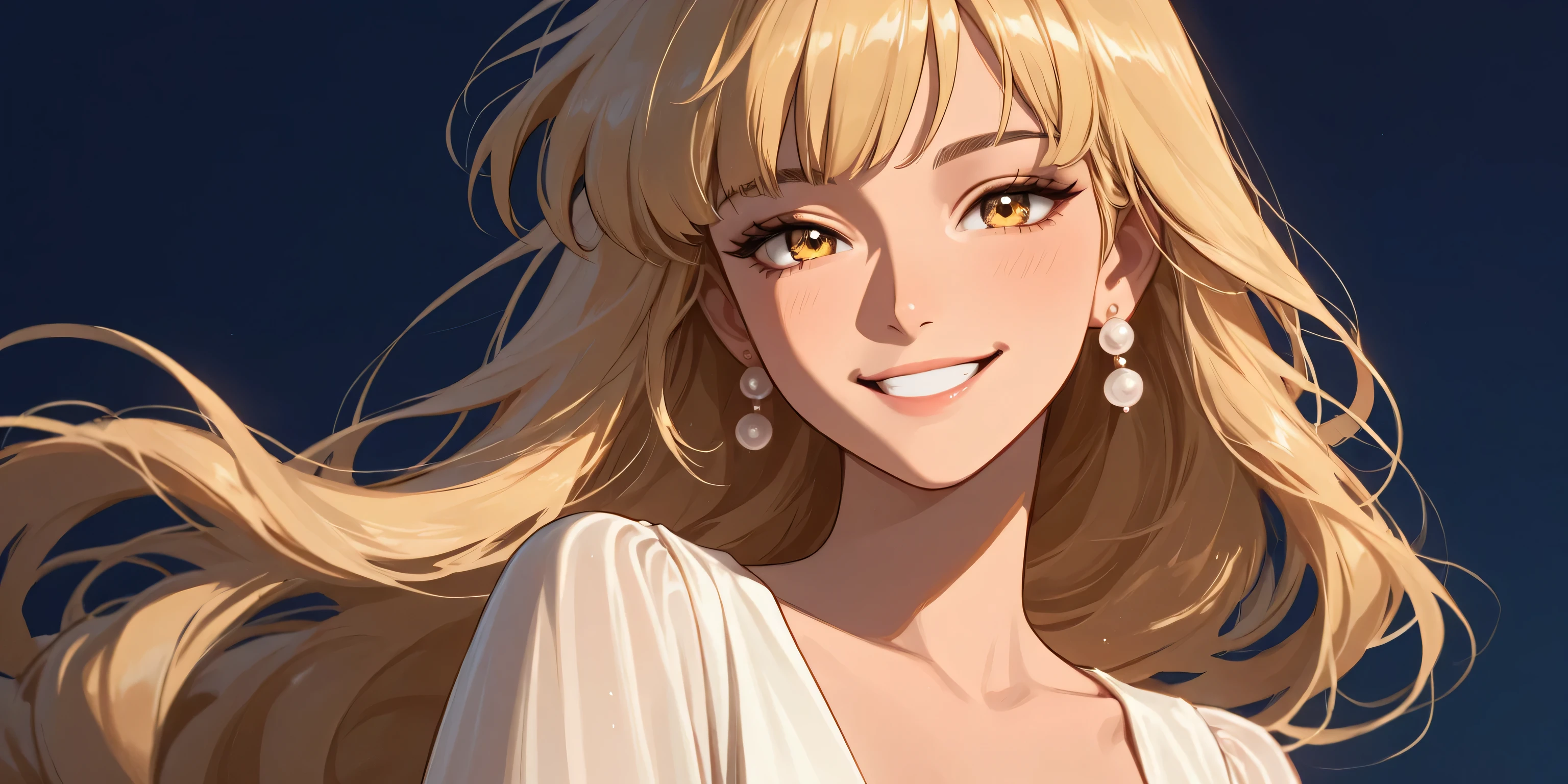 Anime girl with blonde loosely hair with bangs, golden eyes, smiling, wearing a light elegant dress and pearl earrings, warm soft lighting with gentle shadows, dark navy blue background, clean and polished art style.