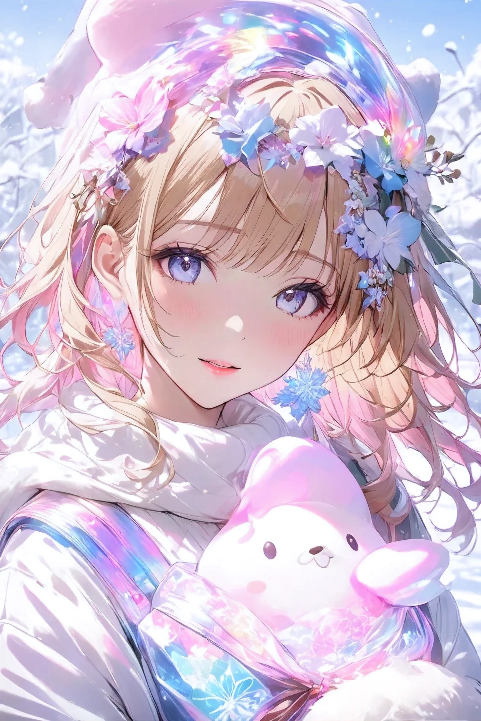 A young woman with light brown hair and golden eyes looks ahead with a gentle smile, Her cheeks are dyed red. She's dressed in winter clothes, white毛皮のトリムが付いた緑のコートが特徴です, Matching knitted scarf, brown gloves. white, with holly and berries inside A fur-lined beret is placed on top of the head, It features a green coat with white fur trim on the right. snow gently pouring down around her, covered in snow , I can see a forest of bare branches visible against a pale blue soft focus background sky. It's an overall calm and glamorous mood, captures the cozy winter scene.