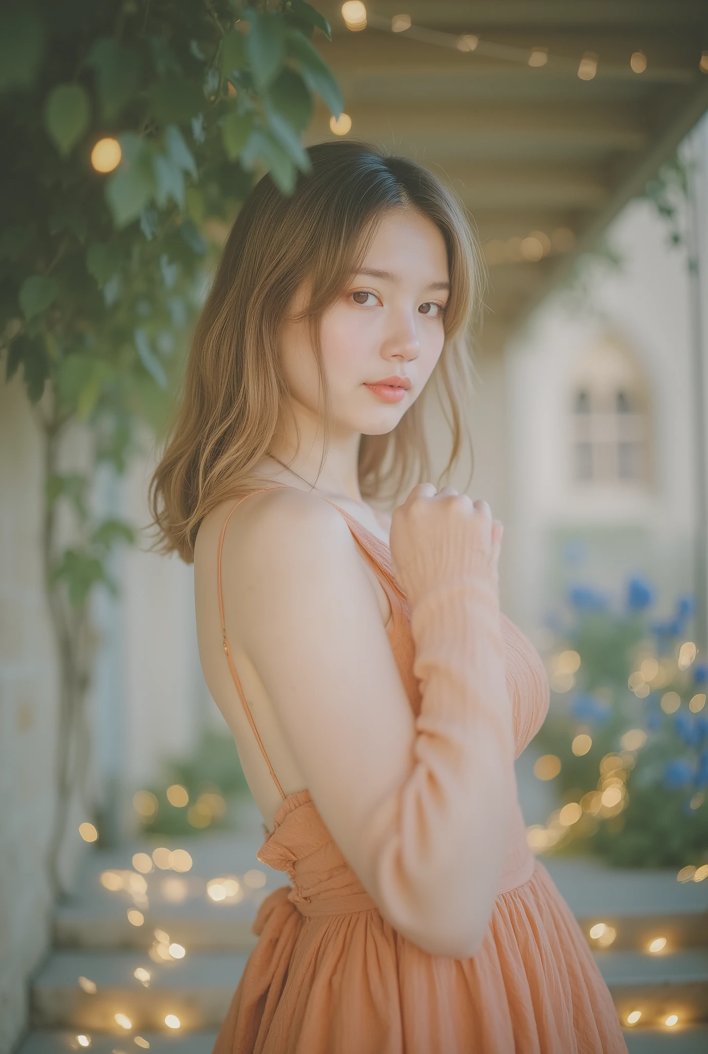 ultra photorealistic 8k / deep focus / HDR / ultra sharp / no blur。blue hour before dawn（Just before sunrise ）、 The courtyard of an old stone church。and the outdoor staircase leading to the chapel even looks like a damp stone texture。The edge of the steps is lined with warm gold fairy lights、Soft uplighting from the feet＋ Pale blue fill from the sky、Elegant highlights on the face and dress、 The line of the body Subtle shadows along the chapel（No hard shadow）。 Plants with blue leaves on both sides、 Even the veins of the leaves are clearly visible。 The sky is deep indigo、 Quiet twilight。
Background protagonist：A huge church bell within the stone bell tower arch（bronze church bell / giant suzu）。The bell is "completely unobstructed and in full view"、 Not cut off within the frame。35〜45%Occupy 、subjectの肩越しに堂々and arrangement（RULE OF THIRD/Near the center）。 The rim, engraving, and clapper of the bell（tongue） The hanging hardware is clearly visible。forehead jewel refraction、 Light patina、 Subtle reflections、Warm reflections of fairy lights run smoothly。Stories： In an empty church、Just before the first morning bell rings。 Warm, intimate, and romantic、 A majestic, cinematic effect。
subject：1 young woman。On the stairs 、3/4 shots、slightly low angle、She turns around with a bright, soft, confident smile。 The same person's face in the reference photo（ High degree of identity、Skeleton/ Matching proportions as closely as possible）。Natural skin texture（Pores, fine hairs, and subtle details）、Warm blush 。soft nightmakeup、Defined eyebrows、 Modest eyeliner/mascara、 Natural, glossy lips。My hair：Center part 、 Long, gentle waves、 Natural volume and light movement。
Costume：Warm amber〜burnt orange long tight backless evening dress。long sleeve、 Ribbed texture、 Wide open back。Legs are parallel、waist〜Subtle emphasis on the curves of the hips。camera：35–50mm equivalent、A deep depth of field keeps the figure, bell, and chapel sharp。No text, no watermark.