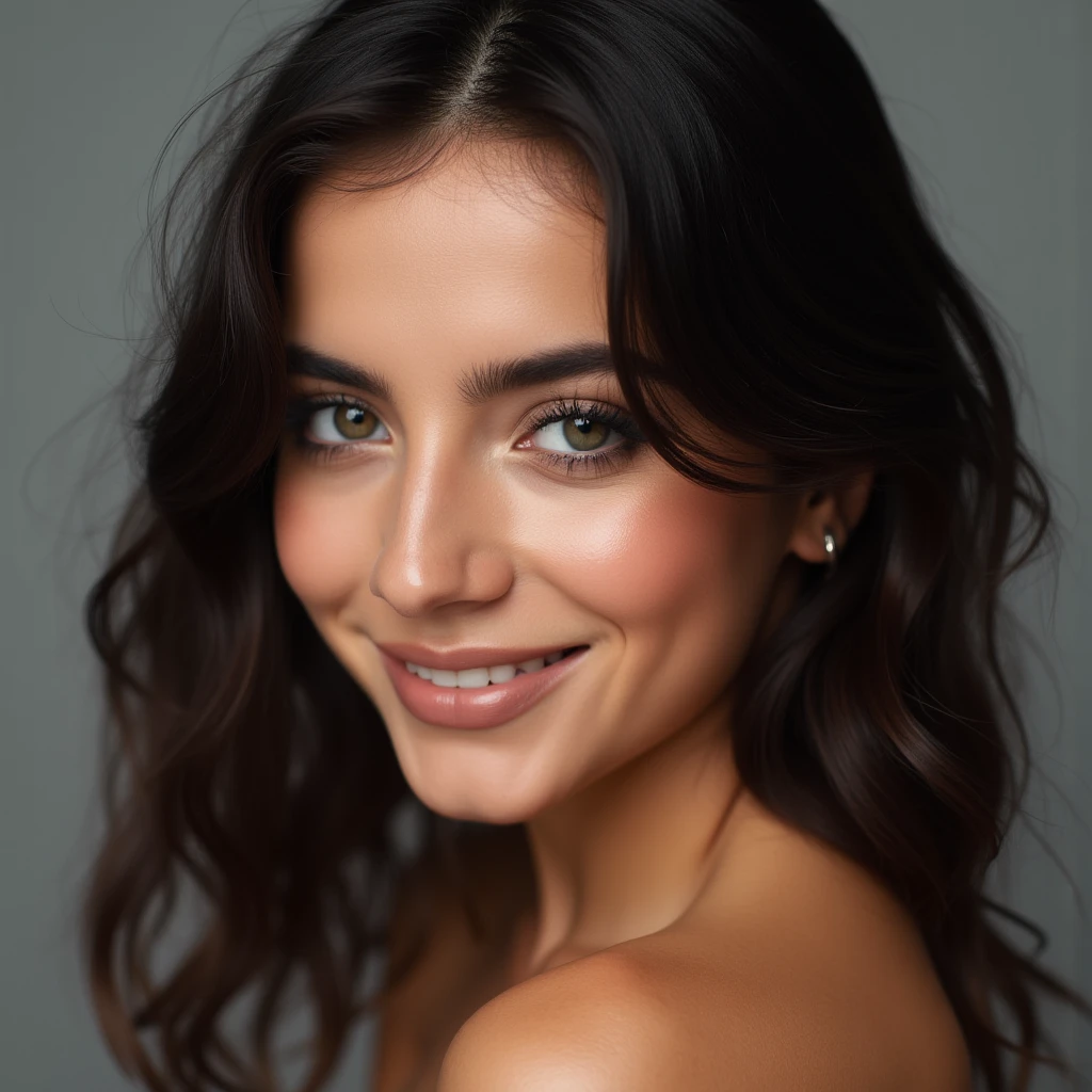 (Photo: 1.3) af (realism: 1.3), (Hispanic), Latina woman profile picture, (frontal close-up), soft light, clear face, happy, cheerful, warm light, white T-shirt, (off-white background), (blank background), ((gray wall background)) avatar, (long hair), smile, beautiful, young,, short hair, smile, (close-up)