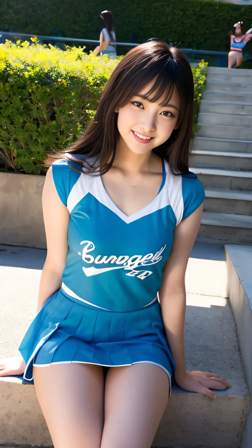 Unrivaled Masterpiece)),((parks)),((MORE INFO、Ultra High Accuracy)),((Realistic,8kWallpaper,accurate face))Panchira、cheerleader、cheerleading costume sitting on stairs etc,Stadium、Bulma、Smile Yang with a middle-aged man、cute、階段などに座っている、miniskirt、bungs、good style