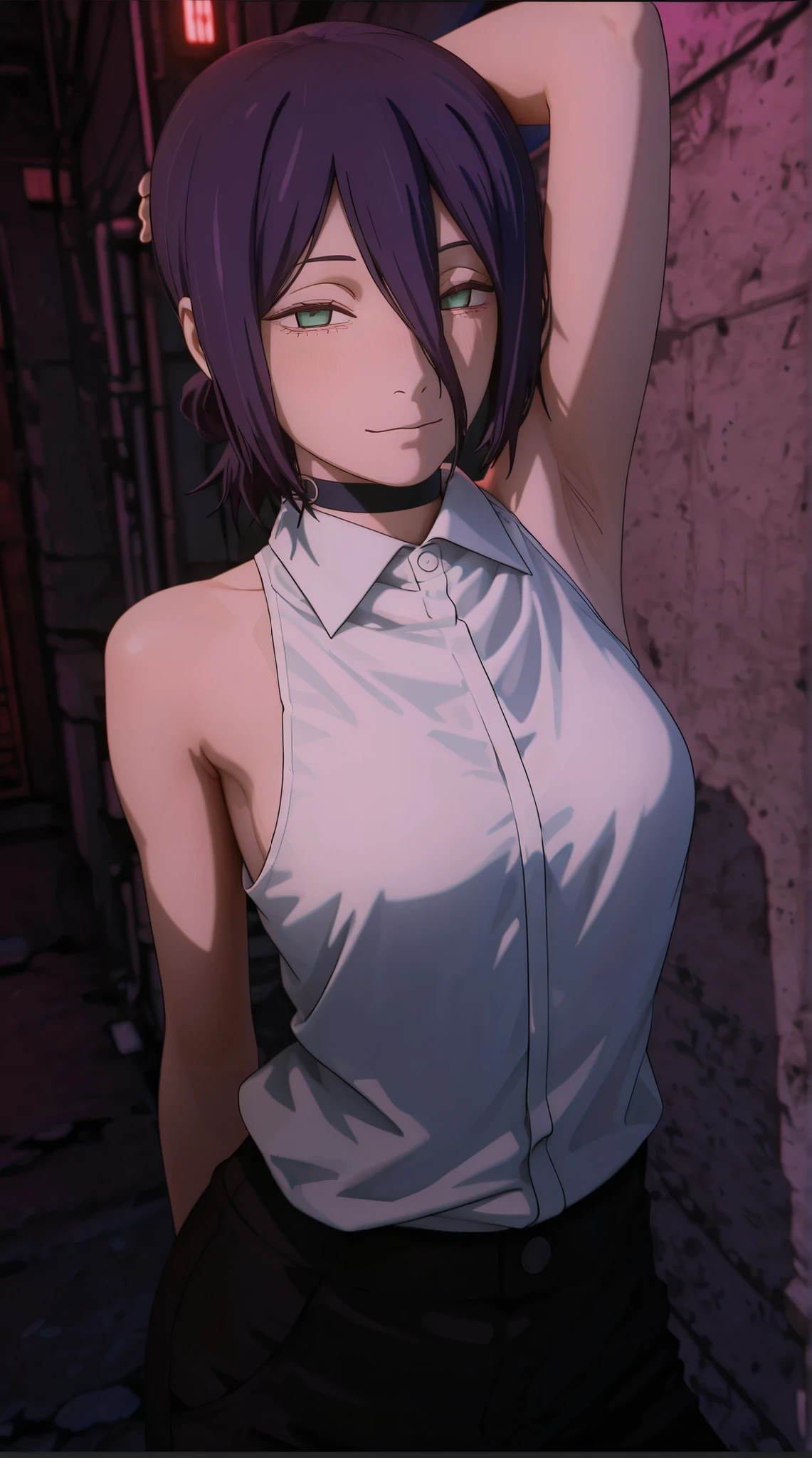 anime - style young girl with dark purple short hair color and white sleeveless shirt posing sensualy in the back alley for alluring, reze from chainsaw man, sensual pose, armpit, armpit show off, high detailed skin, high detailed image, 2 d anime art style, 2 d anime character, anime art style, anime color, ultrarealistic shaded, looking at viewer with alluring gaze, 3 d cgi rendered, 8K, Best Quality, Masterpiece, Ultra High Resolution, , aroused face, Reze