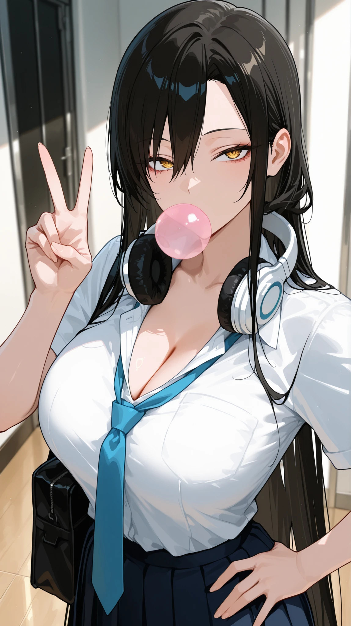 1girl, solo, anime girl, asuna, mature, masterpiece, sleek hair, long asymmetrical hair, looking at viewer, very long hair, straight hair, black hair, gold eyes, sharp eyes, narrow eyes, long eyelash, face focused, bubble gum, big breasts, cleavage, loose necktie, black satchel bag, headphones around neck, white headphones, blue tie, slim body, short sleeve, white shirt, collared shirt, navy pleated skirt, hand on hip, peace sign, soft skin, volume light, depth of field, high detail, highres, (ultra-detailed), (detailed face), (detailed eyes), (perfect eyes), perfect composition, intricate details, detailed and polished anime style, (anatomically correct fingers), (detailed hands), (perfect hands), 4K, 8K