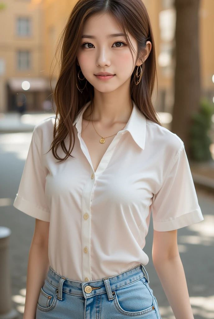 Sunburn marks on tanned skin、blush、Blonde short wavy hair,A cute 17-year-old girl with a cute look, A strong wind blows my hair in front of my face、Beautiful big sparkling eyes, Cute eyes hidden by long bangs、Yawn、No visible nasolabial folds、A short, light-colored 、A summer shirt with cute colorful patterns、Korean Beauty、Cheeks