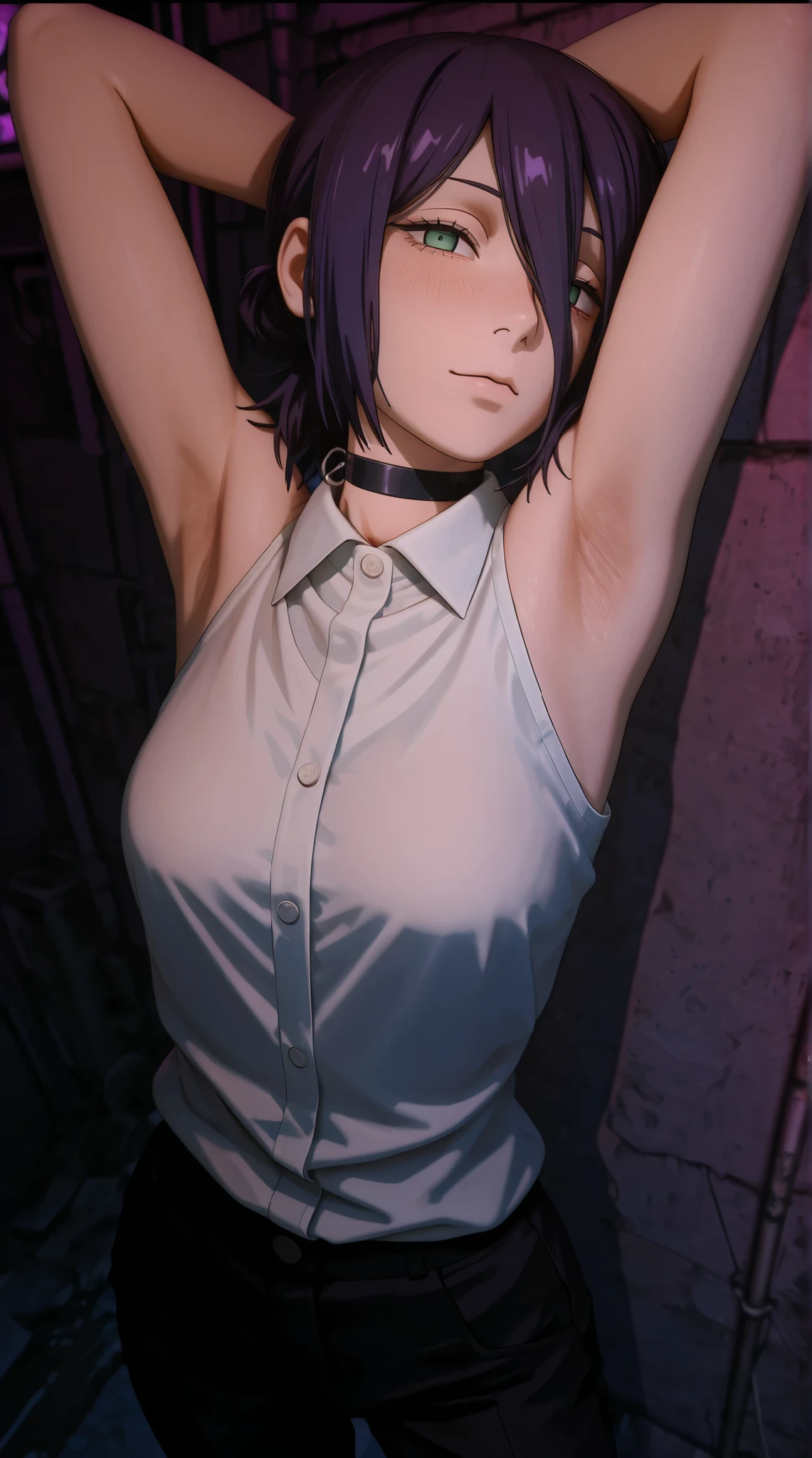 anime - style young girl with dark purple short hair color and white sleeveless shirt posing sensualy in the back alley for alluring, reze from chainsaw man, sensual pose, armpit, armpit show off, high detailed skin, high detailed image, 2 d anime art style, 2 d anime character, anime art style, anime color, ultrarealistic shaded, looking at viewer with alluring gaze, 3 d cgi rendered, 8K, Best Quality, Masterpiece, Ultra High Resolution, , aroused face, Reze