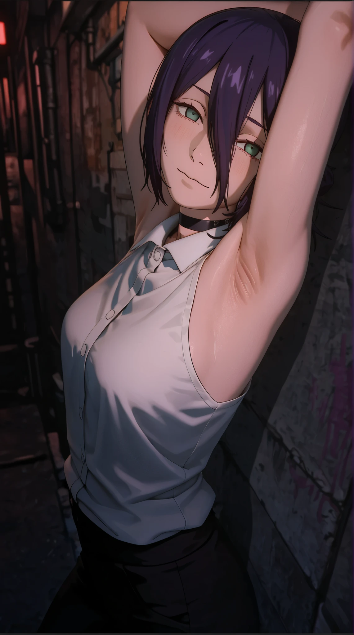anime - style young girl with dark purple short hair color and white sleeveless shirt posing sensualy in the back alley for alluring, reze from chainsaw man, sensual pose, armpit, armpit show off, high detailed skin, high detailed image, 2 d anime art style, 2 d anime character, anime art style, anime color, ultrarealistic shaded, looking at viewer with alluring gaze, 3 d cgi rendered, 8K, Best Quality, Masterpiece, Ultra High Resolution, , aroused face, Reze