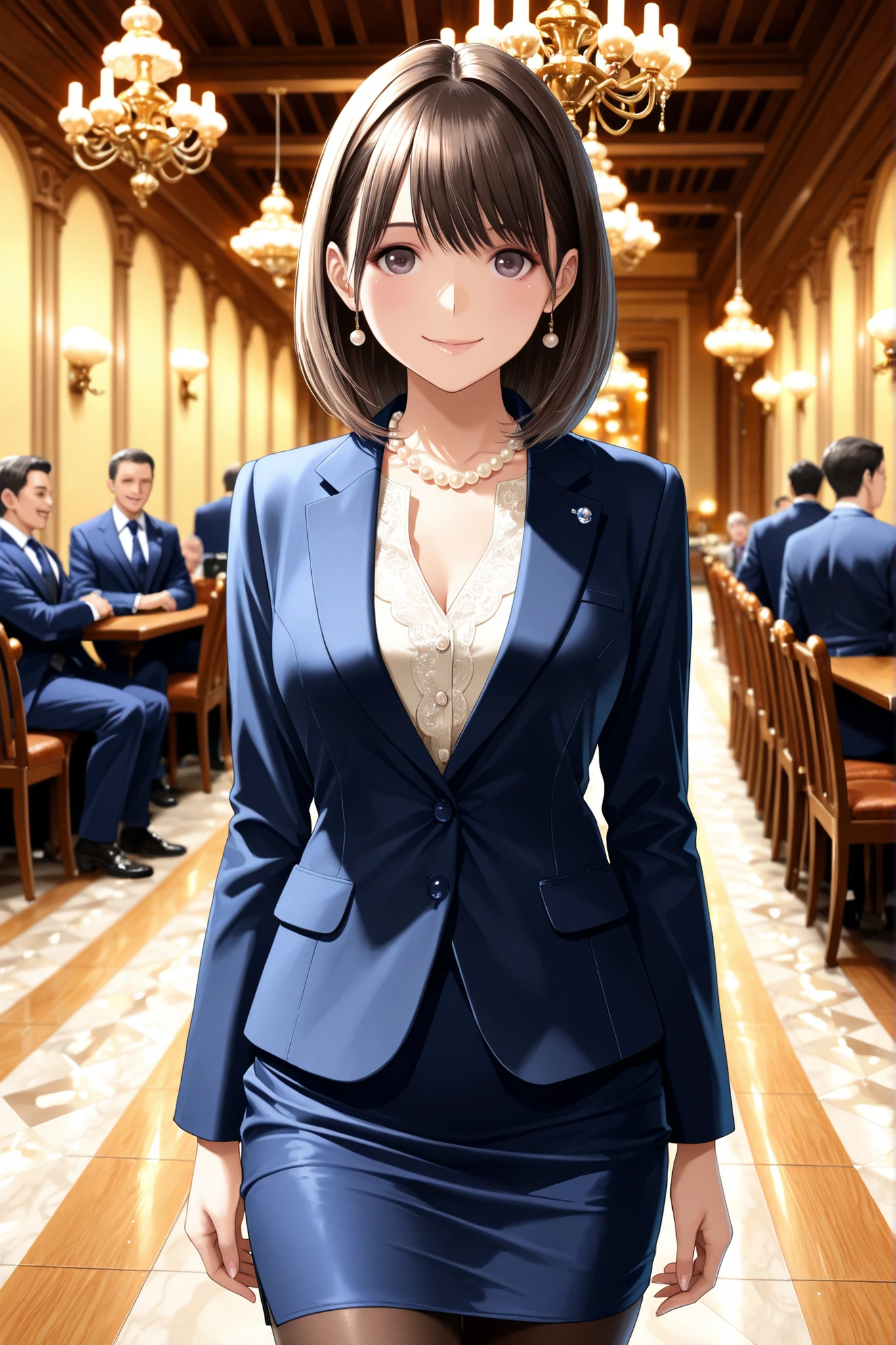 Ultimate Resolution, perfect depiction, RAW Photo Quality, confident smile, Elegant Suits, Venue with Historic Art, Antique Wooden Seats, Antique Lighting Fixtures, Classical Marble Floor, An Elderly Lady with a Pearl Necklace, Businessman in Expensive Suits,two buttoned blazer ,luxury blouse, skirt,pantyhose,rouge lips ,eyeliner( masterpiece, best quality, high resolution, ultra high resolution, pixel perfect, depth of field, 4K, RTTX10.0), 、Anegasaki Nene, love plus、shiny hair, beautiful eyes,smiling face , (fine grain), , ,, (masterpiece:1.2, best quality), ((only1 girl,solo)), (( cowboy shot)),