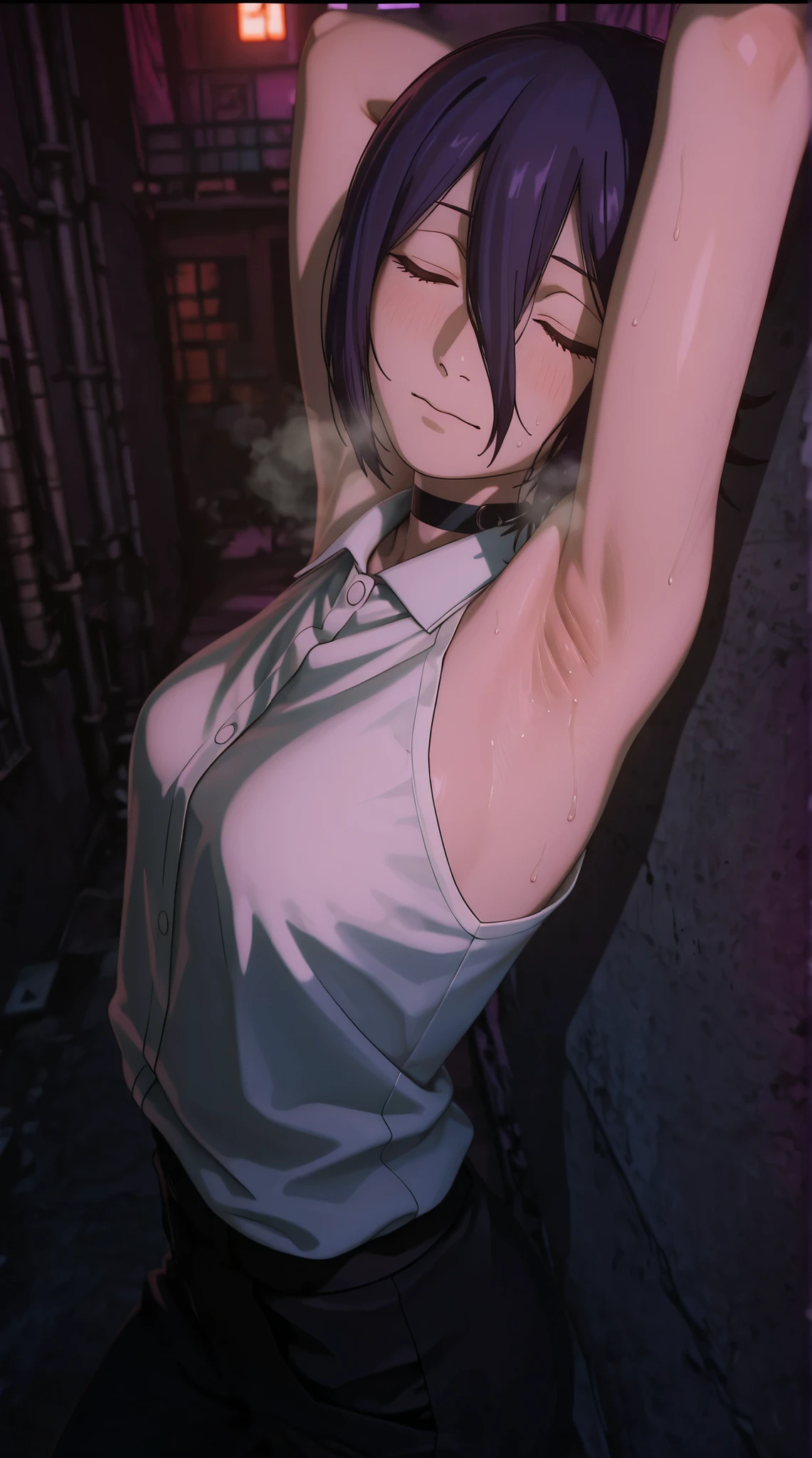 anime - style young girl with dark purple short hair color and white sleeveless shirt posing sensualy in the back alley for alluring, reze from chainsaw man, sensual pose, armpit, armpit show off, high detailed skin, high detailed image, 2 d anime art style, 2 d anime character, anime art style, anime color, ultrarealistic shaded, eyes closed, 3 d cgi rendered, 8K, Best Quality, Masterpiece, Ultra High Resolution, , aroused face, Reze, heavy breathing, hot