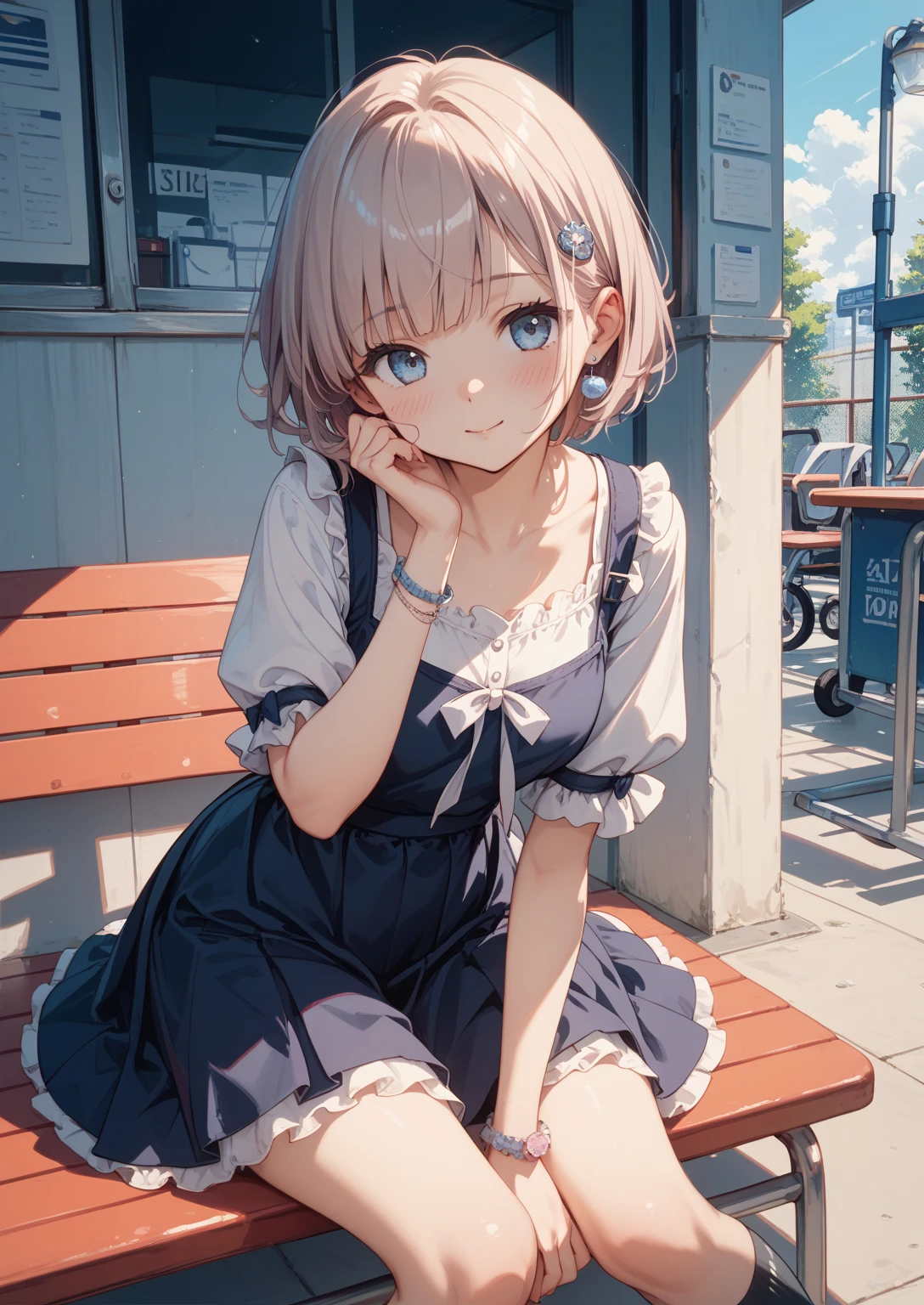 ((Highest quality)), ((masterpiece)), (detailed), Perfect Face, younger sister, 10 years old, Big eyes, Smile, short hair, Wearing a pink dress and hat, whole body, at school、Hold a  in your mouth、A defiant smile、Lifting her skirt, a dark alley、Sit on the air conditioner's outdoor unit