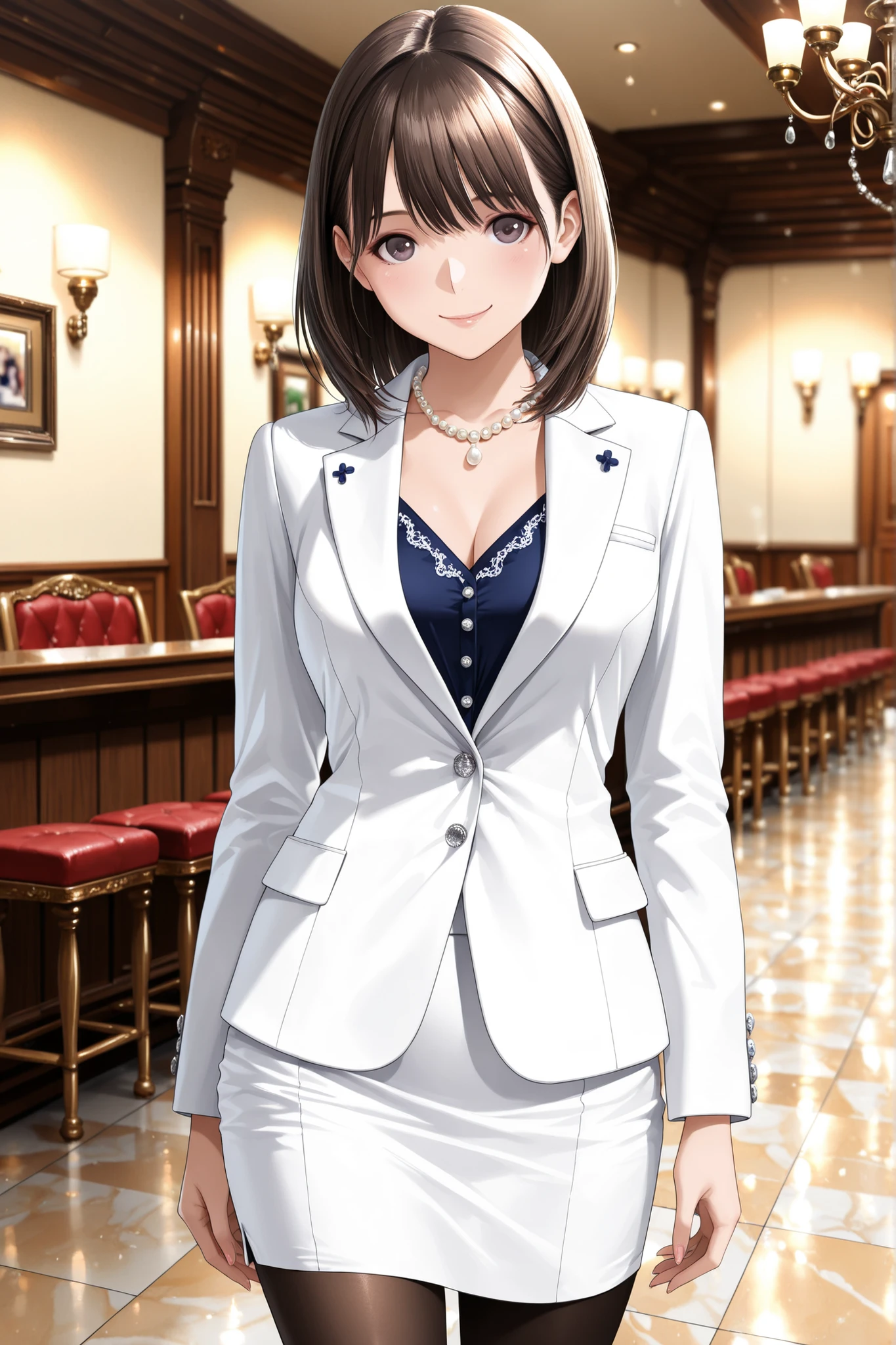 Ultimate Resolution, perfect depiction, RAW Photo Quality, confident smile, Elegant Suits, Venue with Historic Art, Antique Wooden Seats, Antique Lighting Fixtures, Classical Marble Floor, An Elderly Lady with a Pearl Necklace, Businessman in Expensive white Suits,two buttoned blazer ,luxury blouse, skirt,pantyhose,rouge lips ,eyeliner( masterpiece, best quality, high resolution, ultra high resolution, pixel perfect, depth of field, 4K, RTTX10.0), 、Anegasaki Nene, love plus、shiny hair, beautiful eyes,smiling face , (fine grain), , ,, (masterpiece:1.2, best quality), ((only1 girl,solo)), (( cowboy shot)),