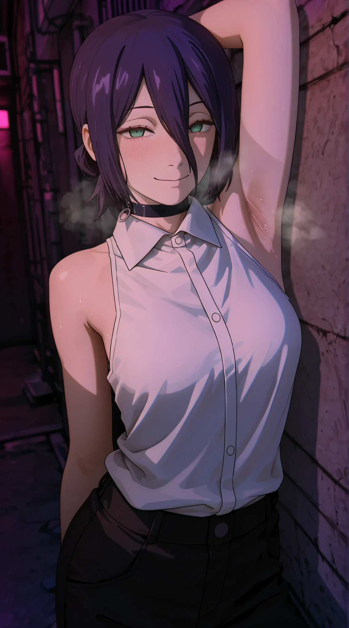 anime - style young girl with dark purple short hair color and white sleeveless shirt posing sensualy in the back alley for alluring, reze from chainsaw man, sensual pose, armpit, armpit show off, high detailed skin, high detailed image, 2 d anime art style, 2 d anime character, anime art style, anime color, ultrarealistic shaded, looking at viewer with glance and smile, 3 d cgi rendered, 8K, Best Quality, Masterpiece, Ultra High Resolution, , aroused face, Reze, heavy breathing, hot