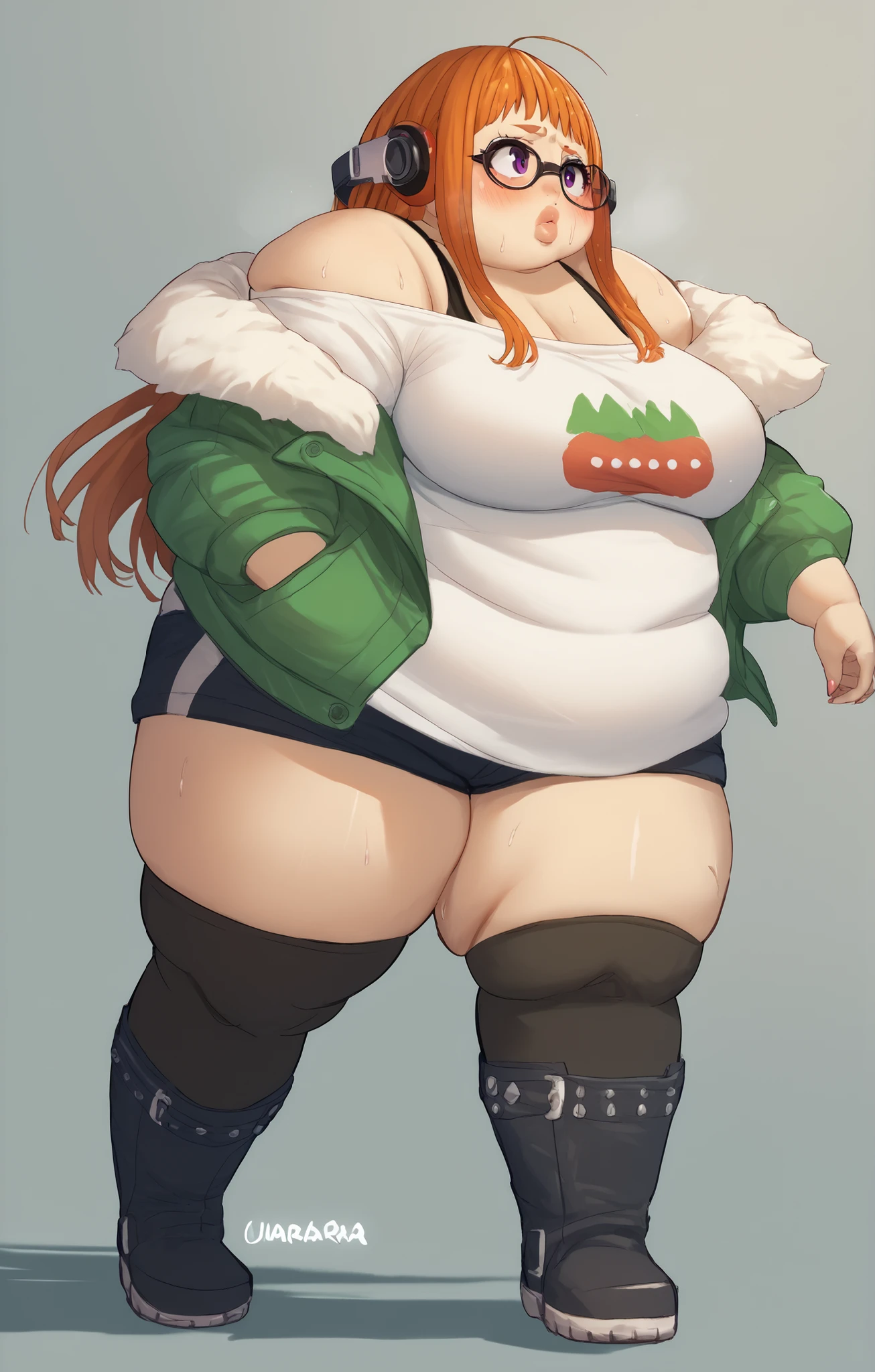 <lora:fluffyrock-quality-tags-v4:1>
<lora:syMix-fluffy-v2a01:1>
not furry, female, solo, 
(best quality, high quality:1.4), masterpiece, volumetric lighting, 
(art by inkit89:0.7), (art by kaboozey:0.5), 
(art by Lazorchef:0.85), (art by Akina:0.7), 
BREAK
forest, winter, pine tree, cloudy, 
winter clothing, fur trim \(clothing\), winter coat, zipper, boots, leggings, beanie, sidelocks, 
fat, obese, wide hips, thick thighs, pear-shaped figure, 
waving, standing, breath, (hand behind back)