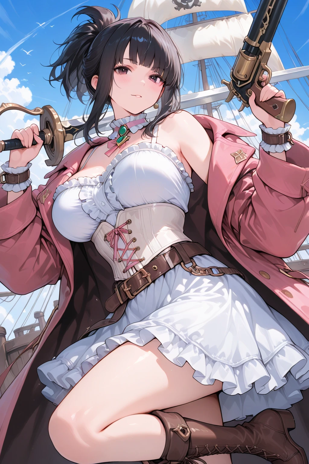 Anime Kawaii ???? Perfect Slim sensual body large ?????? and huge thighs, An intricate and highly detailed illustration of anime (Young girl). best qualityer，Masterpiece artwork，The is very detailed，4K，Gray hair and shallow eyes，Drag cool expressions，wolf's ears，Upright scar on left eye，British style，1 girl，utterly cute, ??????? huge, White attire, Scrunchie de orelha de animal