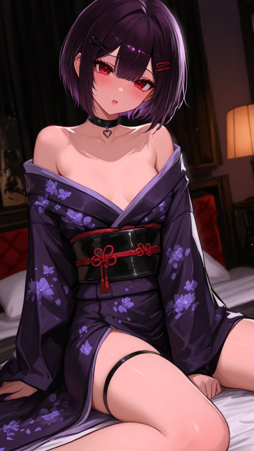(((Masterpiece))), (portrait), 24 years old, kimono, blushing, purple hair, diffused light, dynamic shadows, sharp focus, realistic, detailed, highres, absurdres, white background, photorealistic, lifelike, , penetrate, ((())), , , , crotch, , , , , , thigh focus