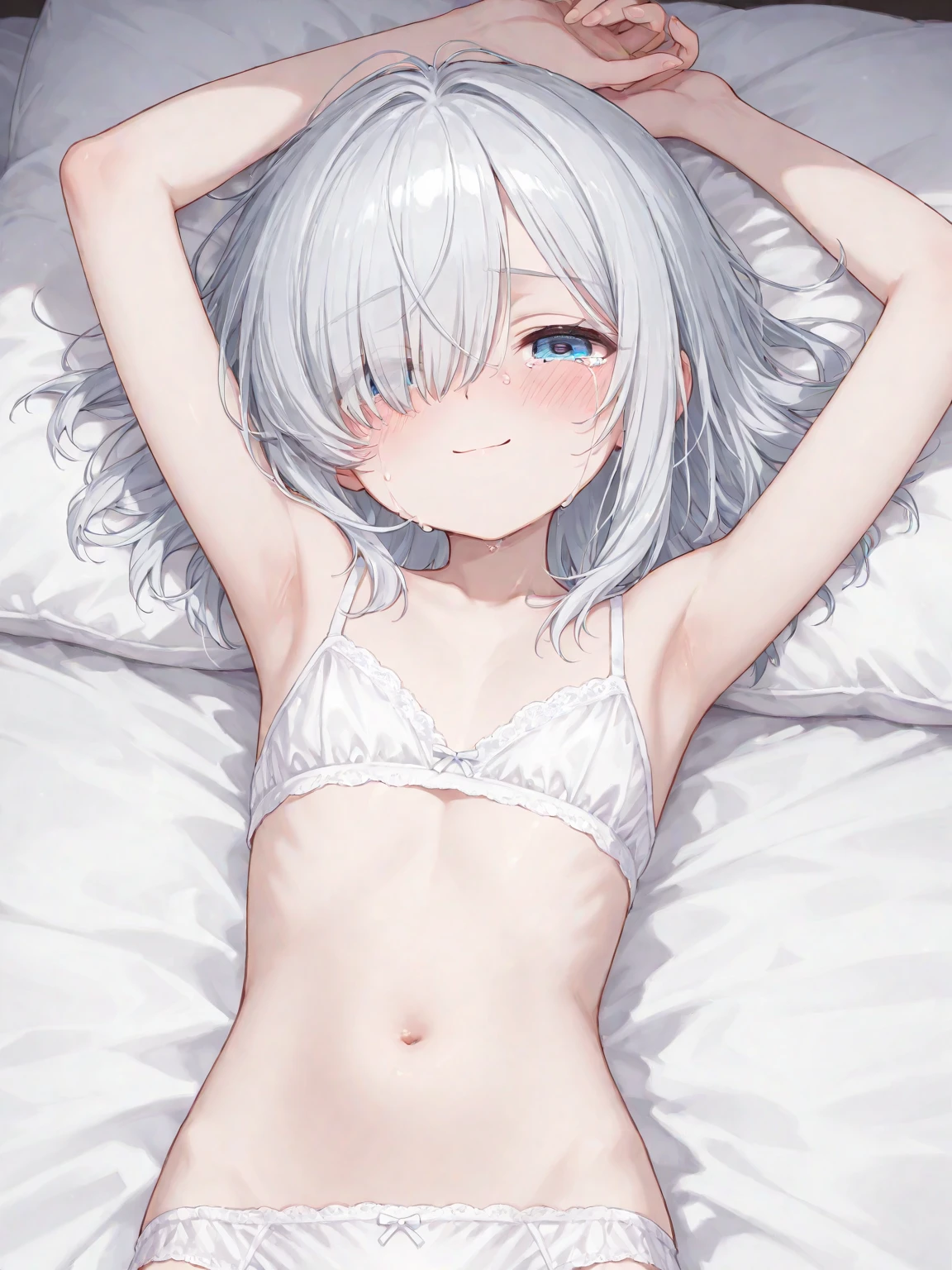 1girl, white hair, red eyes, wavy hair, average ???????, blush, light smile, glow, thighs, ???? shoulders, collarbone, narrow waist, cleavage, (masterpiece), (beautiful detailed face, beautiful detailed eyes), bedroom, night time, lying on bed, arms up, (from above view), (white lace lingerie, garter belt), hands behind head,