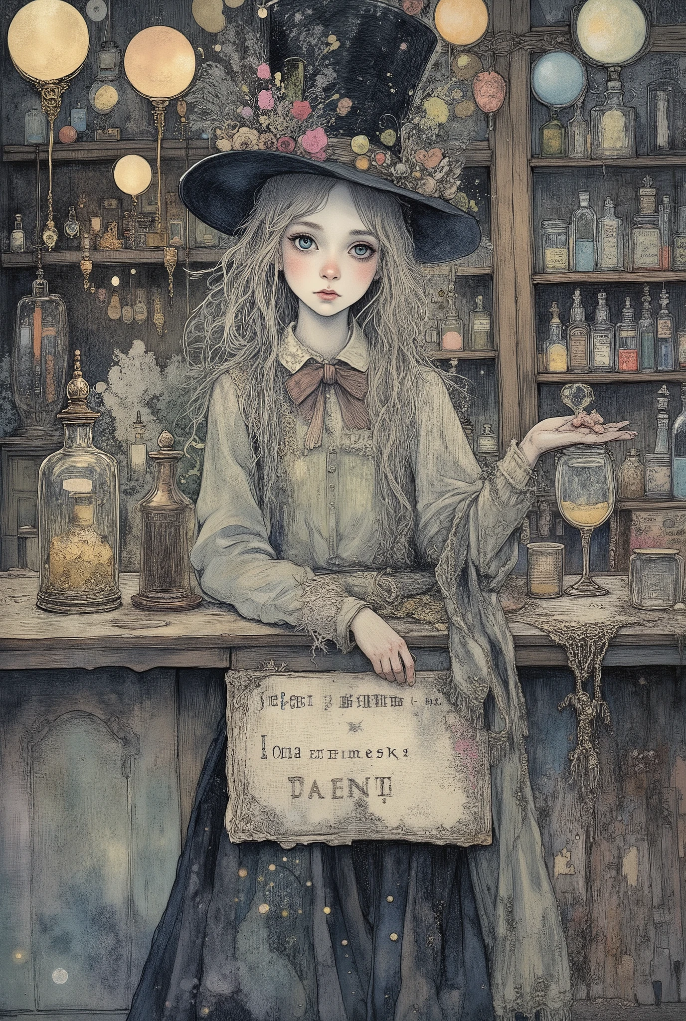 A young witch student in a mad hatter's hat, a salesman at the "Sweet Dreams Store for Rent", a magical environment, a lot of levitating colorful vials around.I have light gray-blue eyes. teaching magic. dark theme. In the style of surreal romanticism