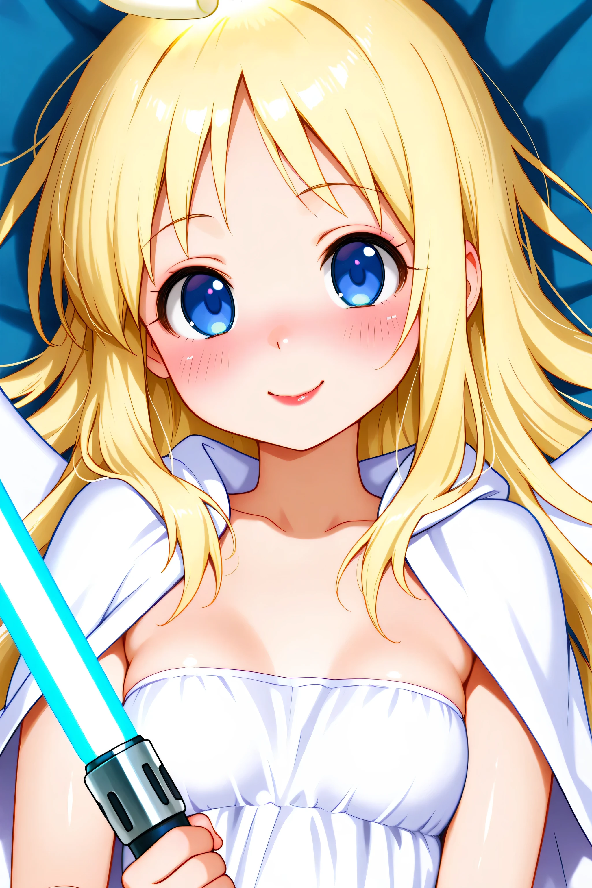 white latex jedi robe, short robe, blue lightsaber, blue light saber in hand, crimvael, blue eyes, blonde hair, long hair, angel, halo, angel wings, otonoko, small breasts, 1girl, solo, , masterpiece, dakimakura, high resolution, blush,  looking at viewer,  masterpiece, best quality, high quality facial features, perfect eyes,  facing directly, 4k , 8k , high resolution,   Well proportionated Symmetrical body,   horny, smiling, blushing,  blue eyeshadown,  red lipstick, eyelashes, makeup,  glossy lips, smile, light saber held high,  angelic light surronding,  white cloak, face only, focus on face